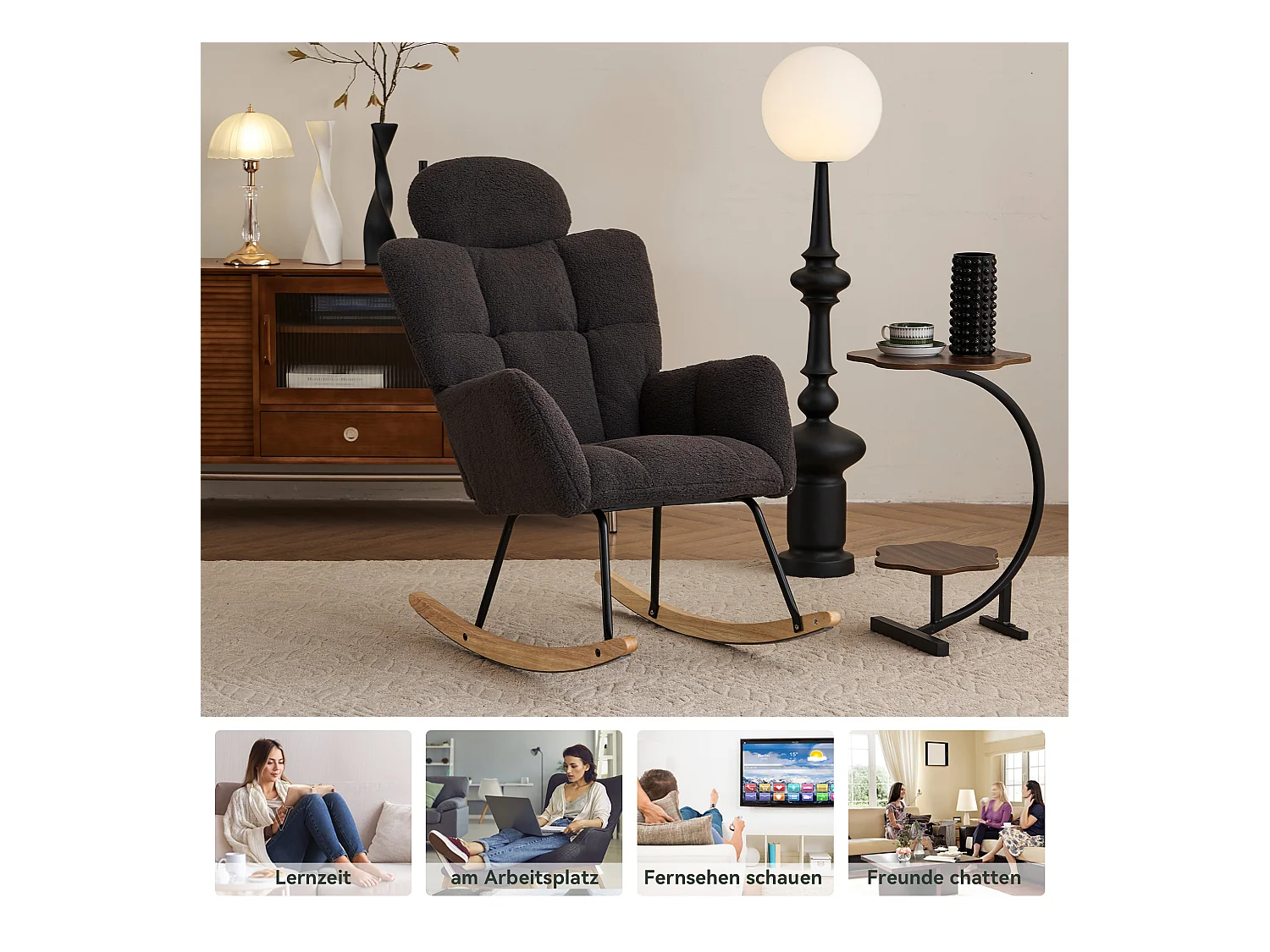 Schommelstoel van pluche stof met gewatteerde rugleuning en hoofdsteun, zachte stof, voor woonkamer en slaapkamer, donkergrijs (102x70x107 cm)