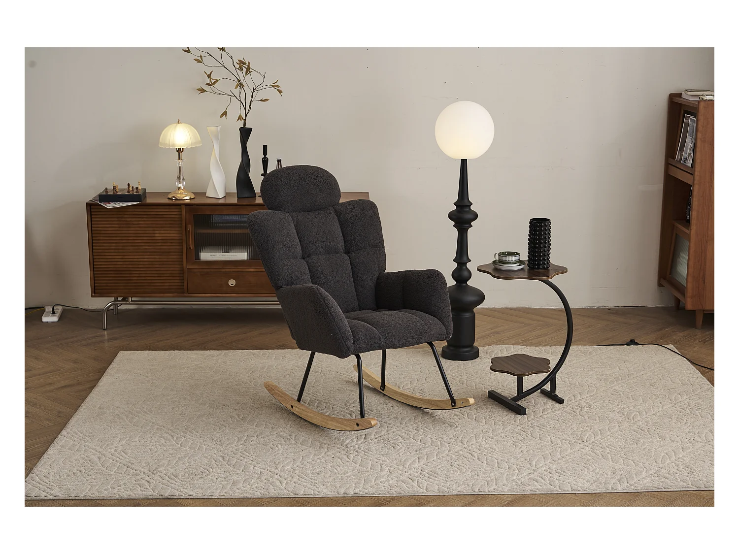 Schommelstoel van pluche stof met gewatteerde rugleuning en hoofdsteun, zachte stof, voor woonkamer en slaapkamer, donkergrijs (102x70x107 cm)