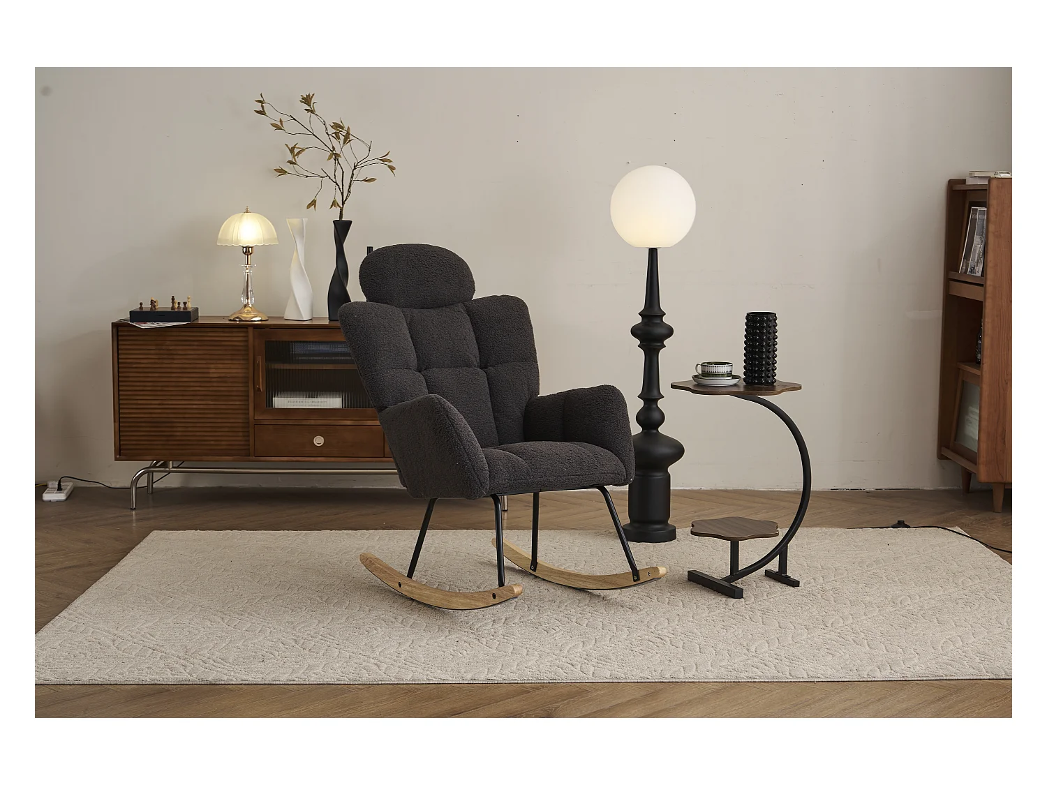 Schommelstoel van pluche stof met gewatteerde rugleuning en hoofdsteun, zachte stof, voor woonkamer en slaapkamer, donkergrijs (102x70x107 cm)