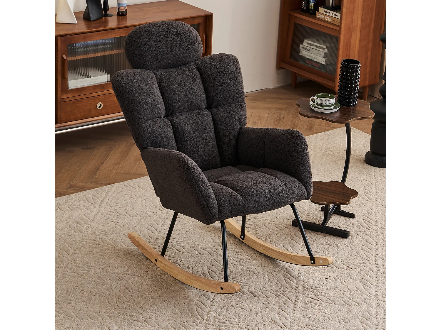 Fauteuil à bascule en Tissu peluche, avec dossier matelassé et appui-tête, tissu doux, pour salon et chambre, gris foncé (102x70x107 cm)