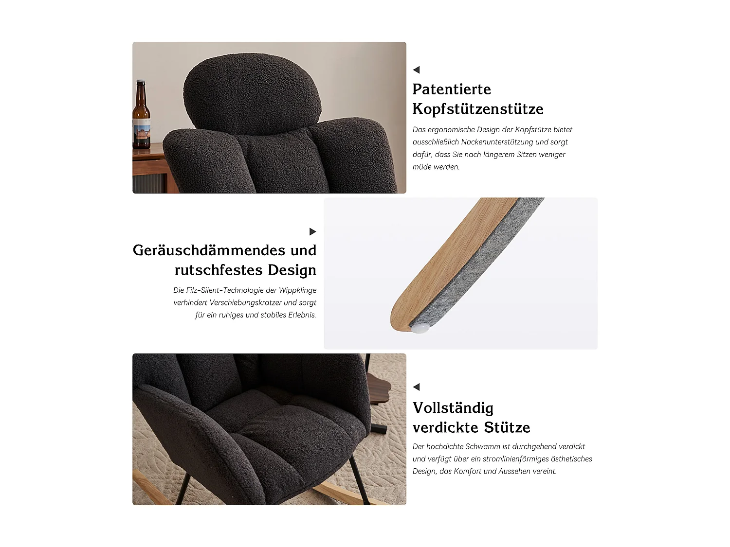 Fauteuil à bascule en Tissu peluche, avec dossier matelassé et appui-tête, tissu doux, pour salon et chambre, gris foncé (102x70x107 cm)