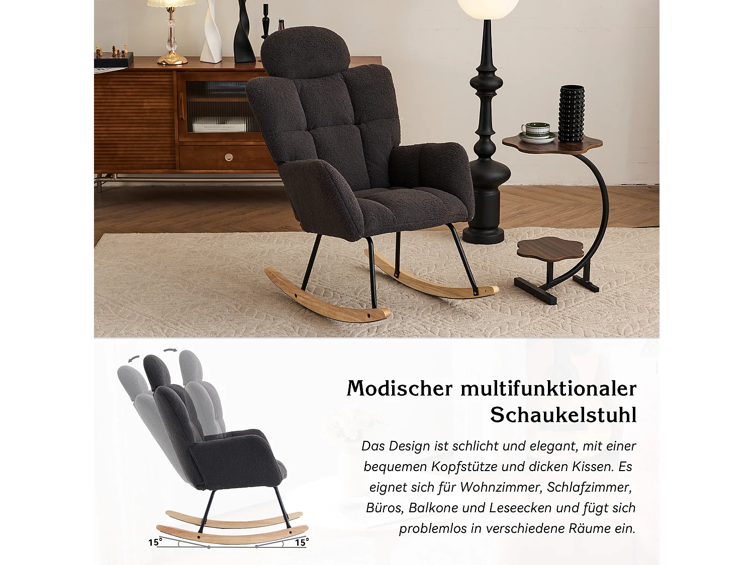 Fauteuil à bascule en Tissu peluche, avec dossier matelassé et appui-tête, tissu doux, pour salon et chambre, gris foncé (102x70x107 cm)