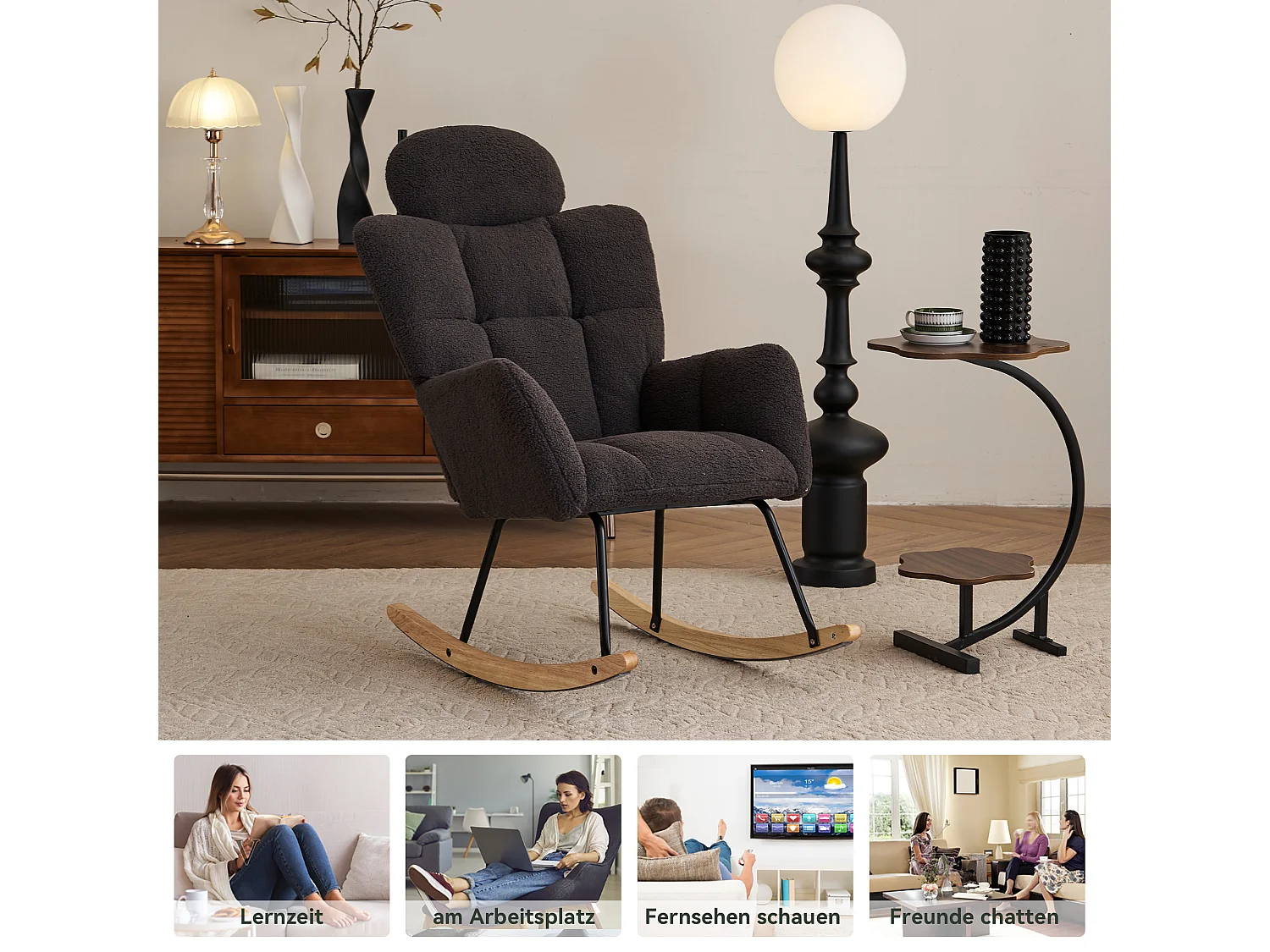 Fauteuil à bascule en Tissu peluche, avec dossier matelassé et appui-tête, tissu doux, pour salon et chambre, gris foncé (102x70x107 cm)