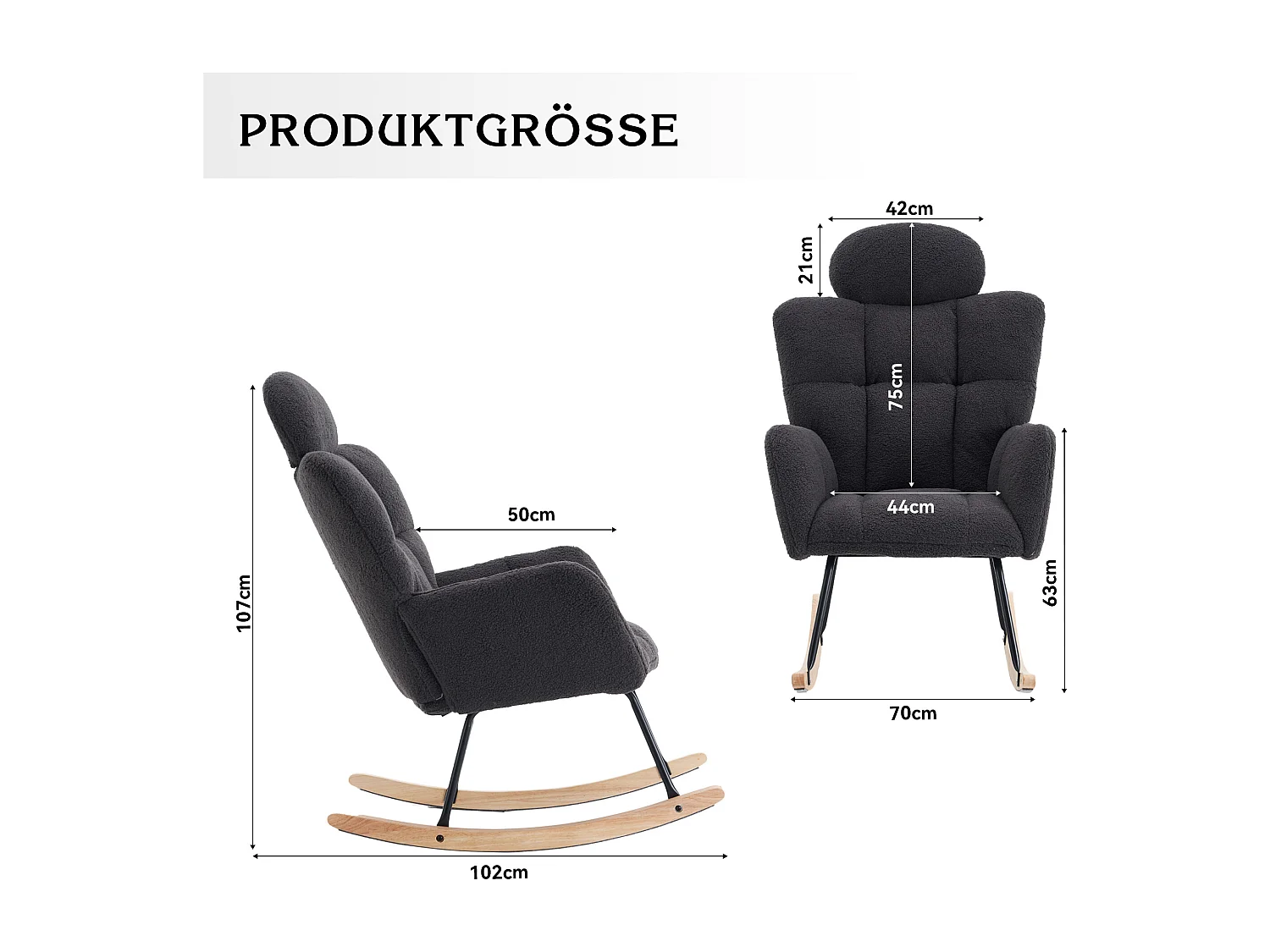 Fauteuil à bascule en Tissu peluche, avec dossier matelassé et appui-tête, tissu doux, pour salon et chambre, gris foncé (102x70x107 cm)