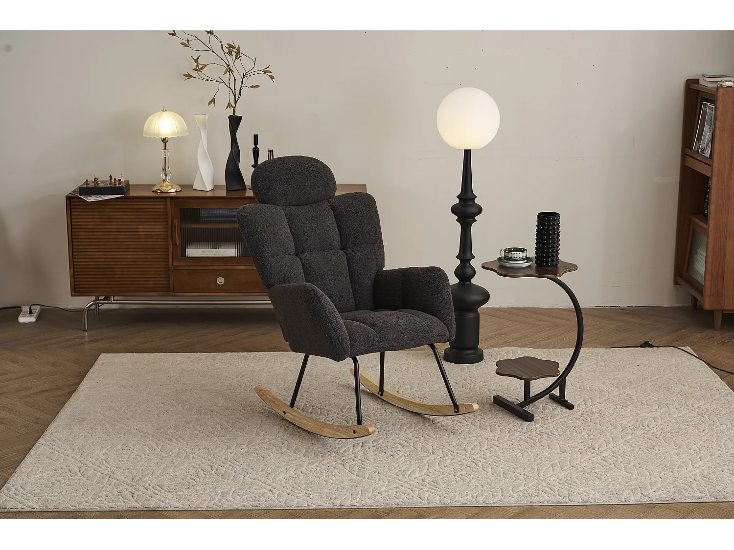 Fauteuil à bascule en Tissu peluche, avec dossier matelassé et appui-tête, tissu doux, pour salon et chambre, gris foncé (102x70x107 cm)