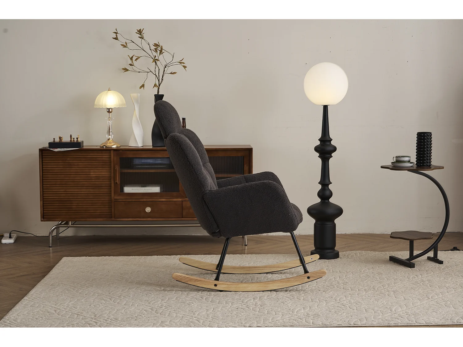 Fauteuil à bascule en Tissu peluche, avec dossier matelassé et appui-tête, tissu doux, pour salon et chambre, gris foncé (102x70x107 cm)