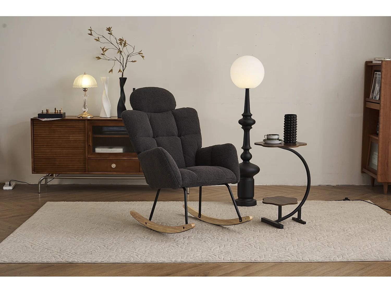 Fauteuil à bascule en Tissu peluche, avec dossier matelassé et appui-tête, tissu doux, pour salon et chambre, gris foncé (102x70x107 cm)