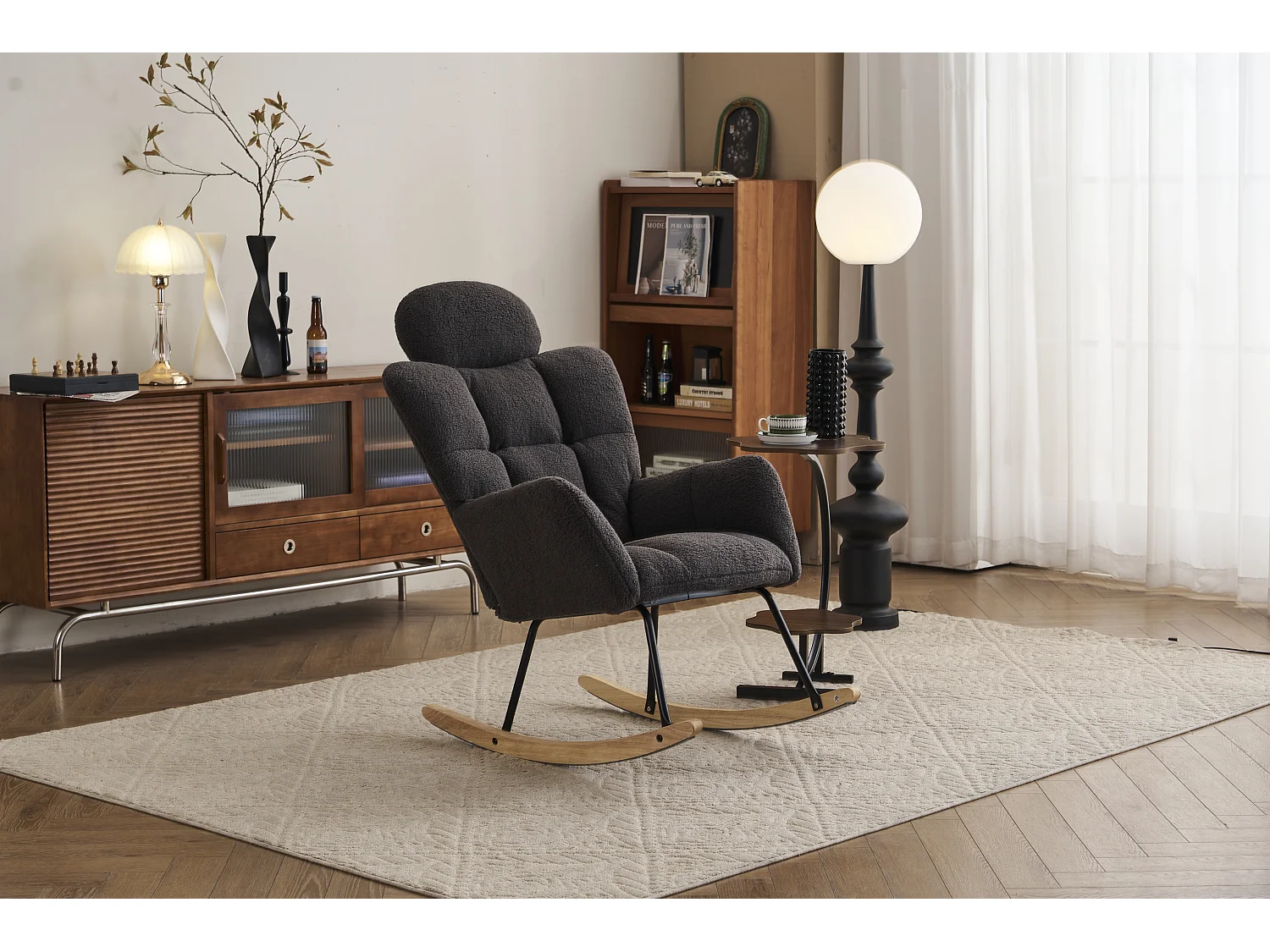 Fauteuil à bascule en Tissu peluche, avec dossier matelassé et appui-tête, tissu doux, pour salon et chambre, gris foncé (102x70x107 cm)