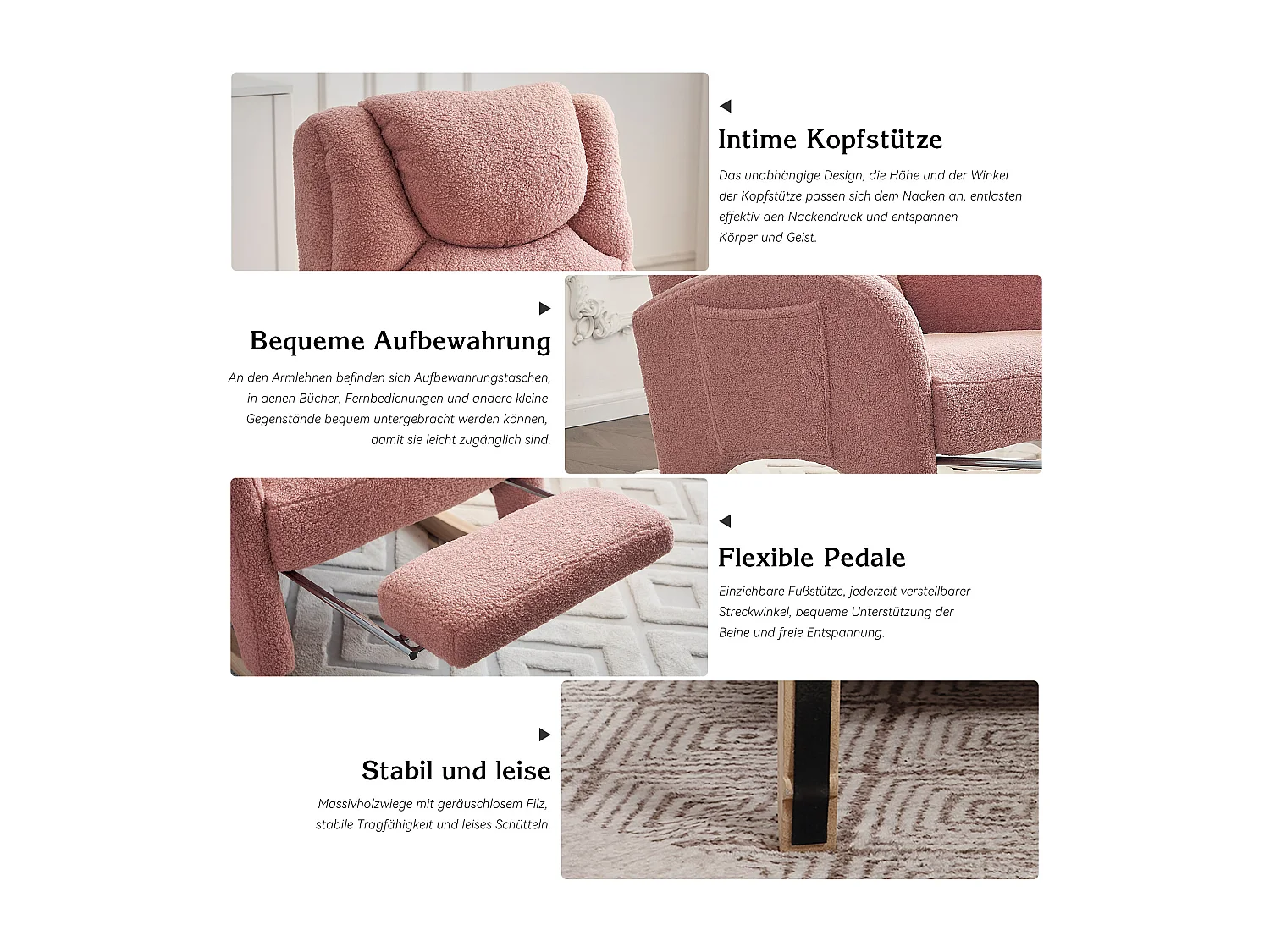 Fauteuil à bascule avec Poufe, Relax fauteuil, haut dossier, en Tissu peluche blanc (66x125x101 cm)