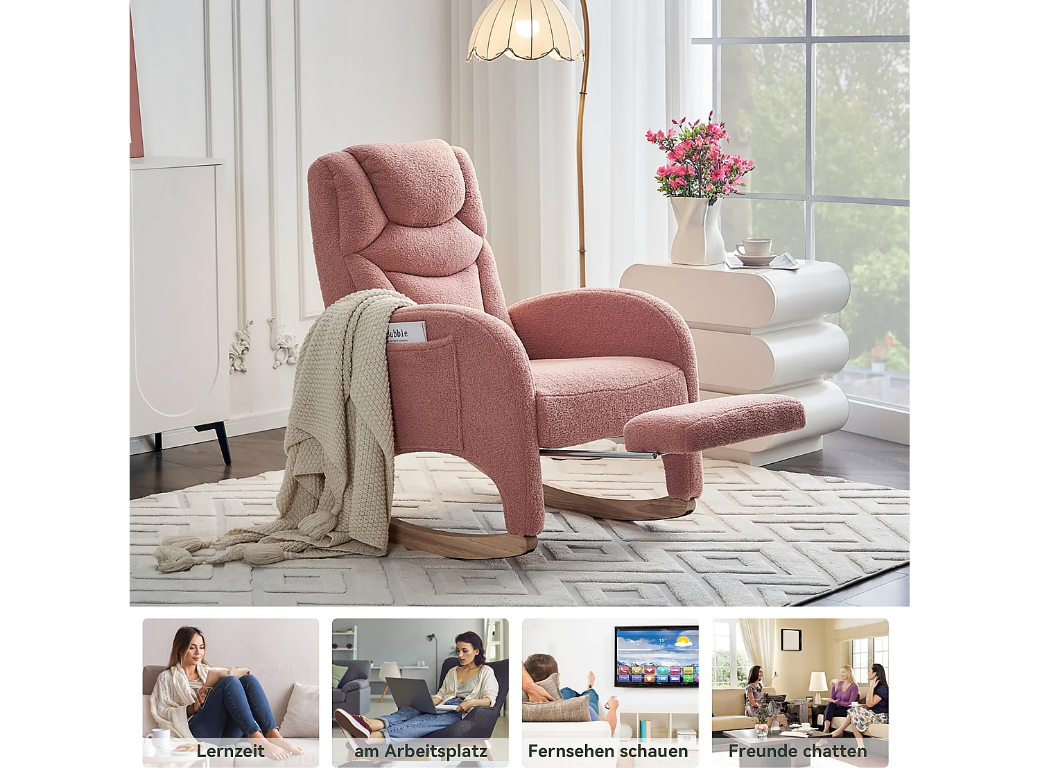 Fauteuil à bascule avec Poufe, Relax fauteuil, haut dossier, en Tissu peluche blanc (66x125x101 cm)