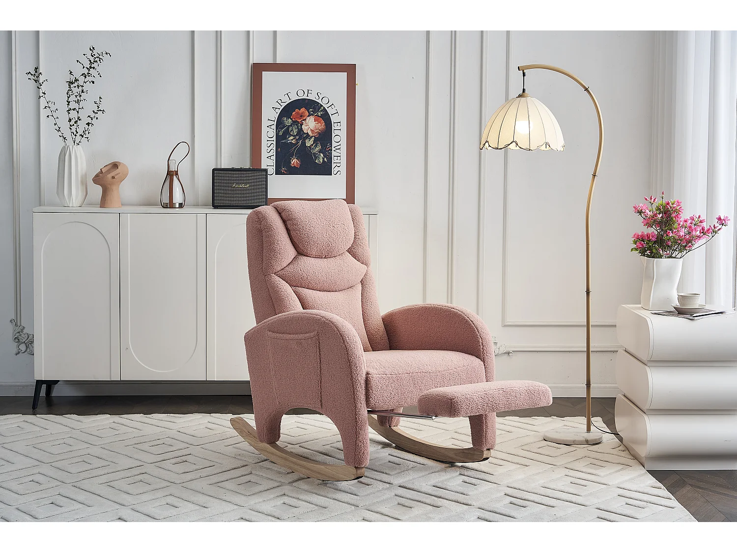 Fauteuil à bascule avec Poufe, Relax fauteuil, haut dossier, en Tissu peluche blanc (66x125x101 cm)