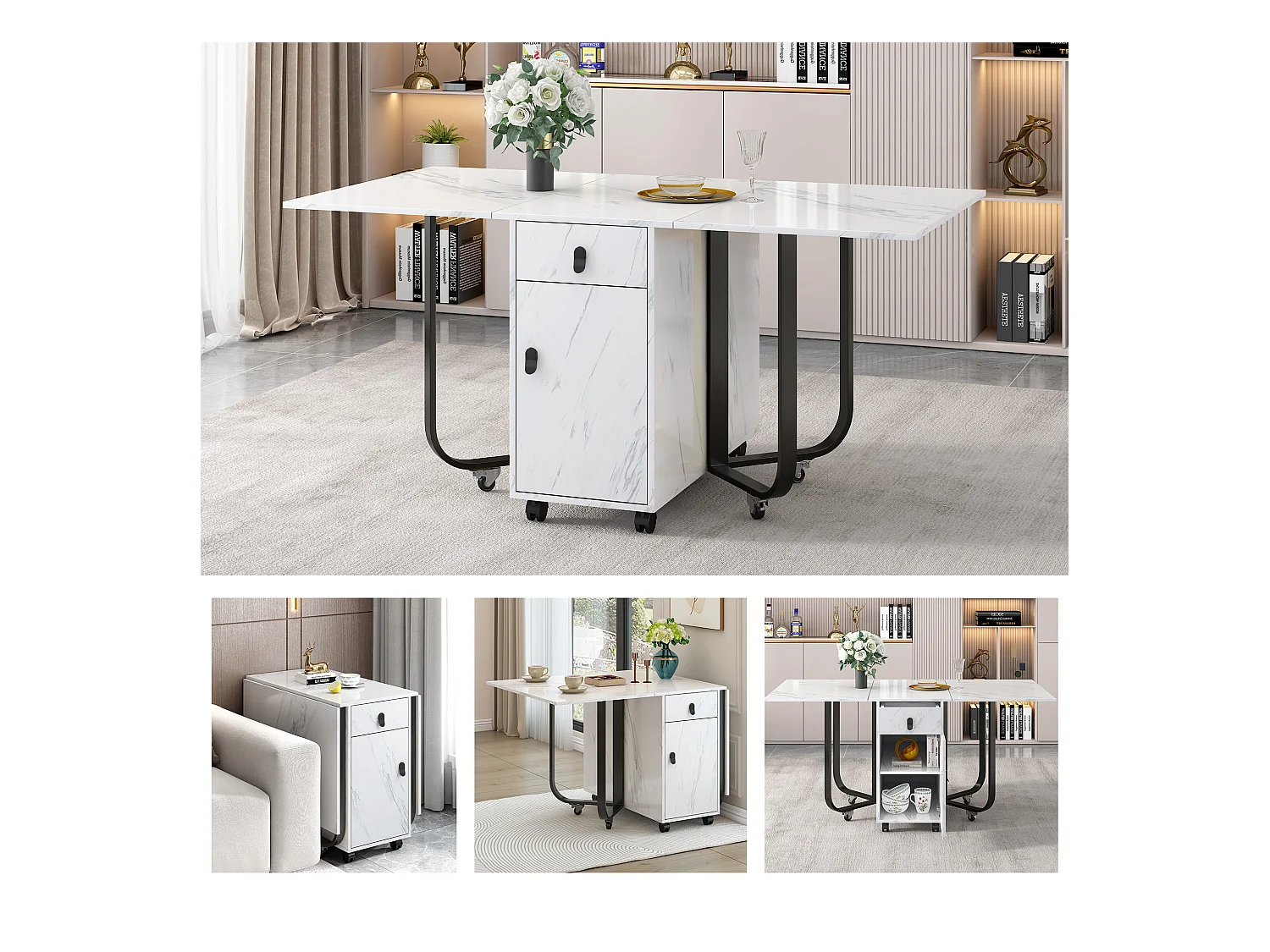 Tavolo da pranzo pieghevole con contenitore e 2 cassetti, tavolo multifunzionale, gambe in metallo, MDF bianco e nero (150x80x76 cm)