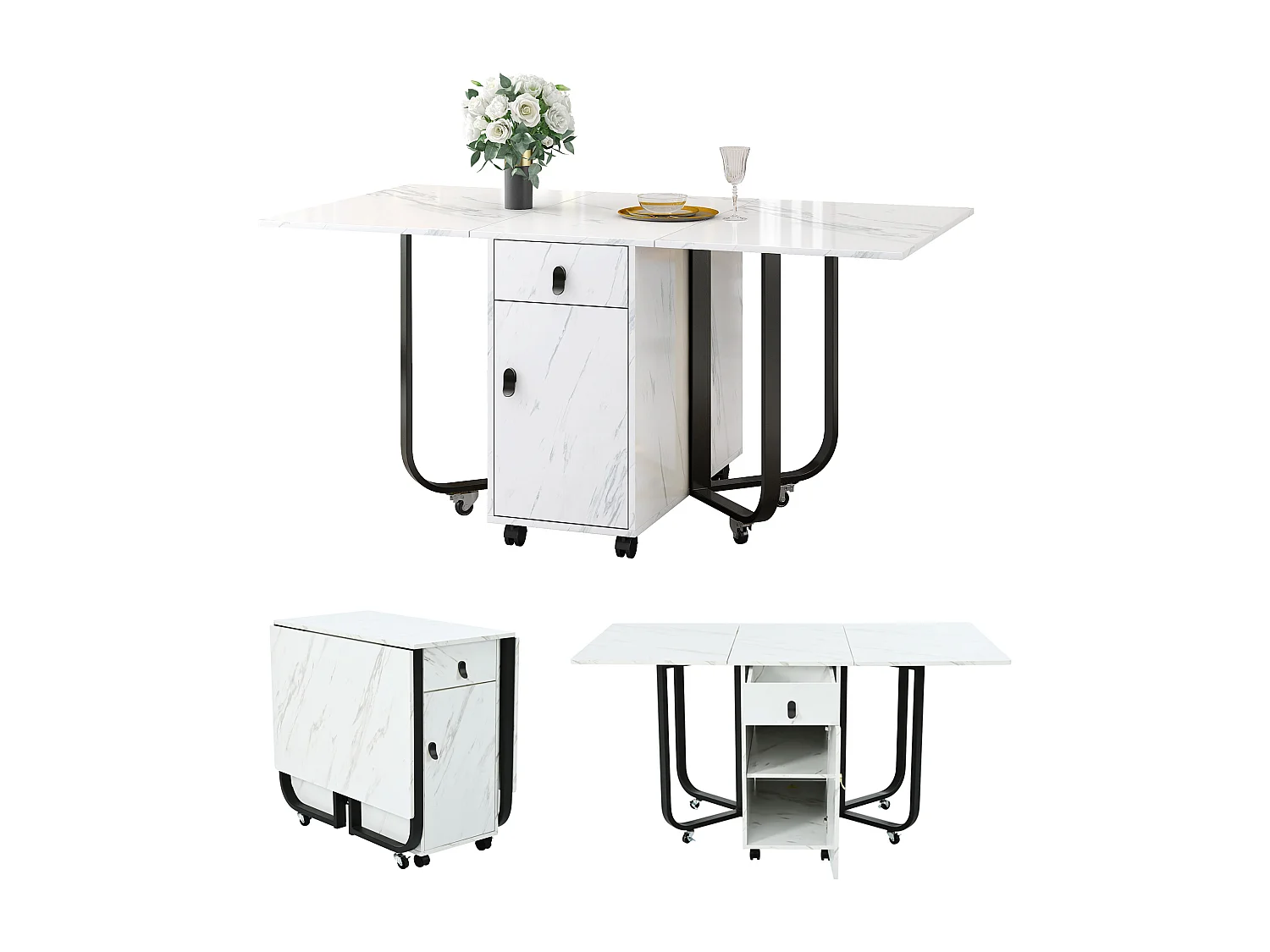 Table à manger pliante avec rangement et 2 tiroirs, table multifonction, pieds métalliques, MDF blanc et noir (150x80x76 cm)