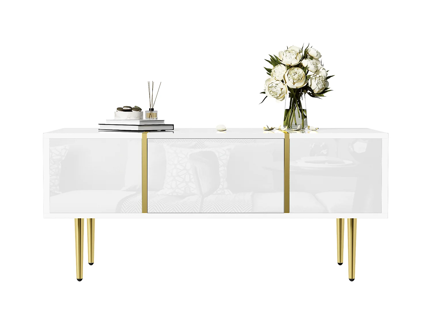 Table basse blanche brillante, design moderne avec 2 tiroirs, MDF laqué et métal doré (100x60x41.5 cm)
