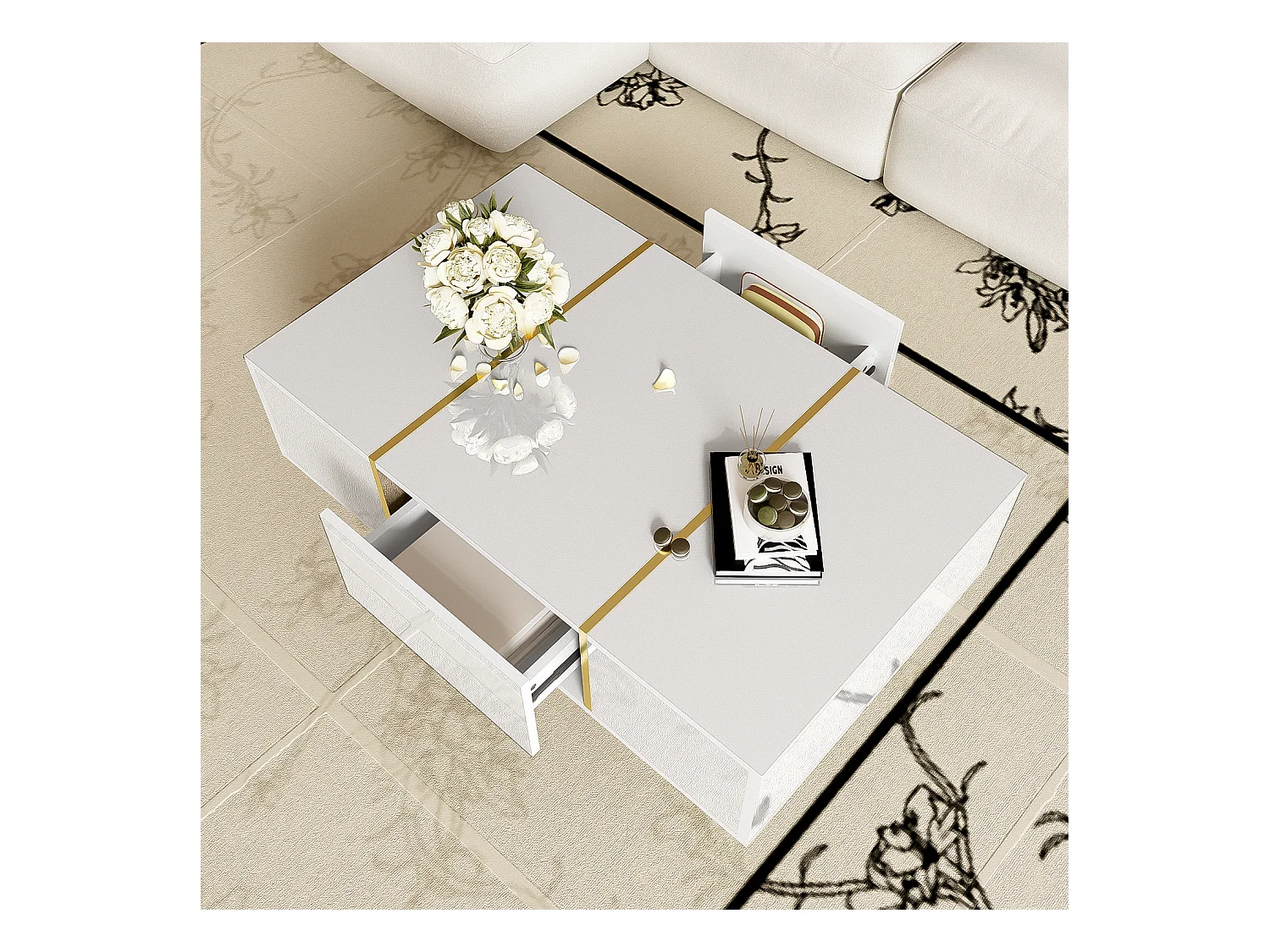 Table basse blanche brillante, design moderne avec 2 tiroirs, MDF laqué et métal doré (100x60x41.5 cm)