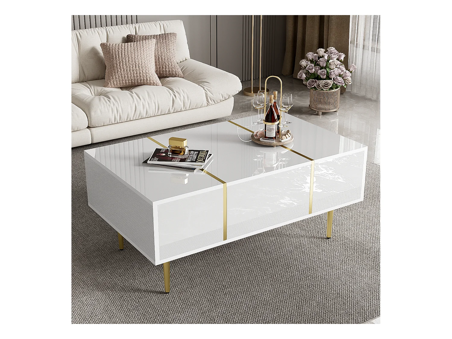 Table basse blanche brillante, design moderne avec 2 tiroirs, MDF laqué et métal doré (100x60x41.5 cm)