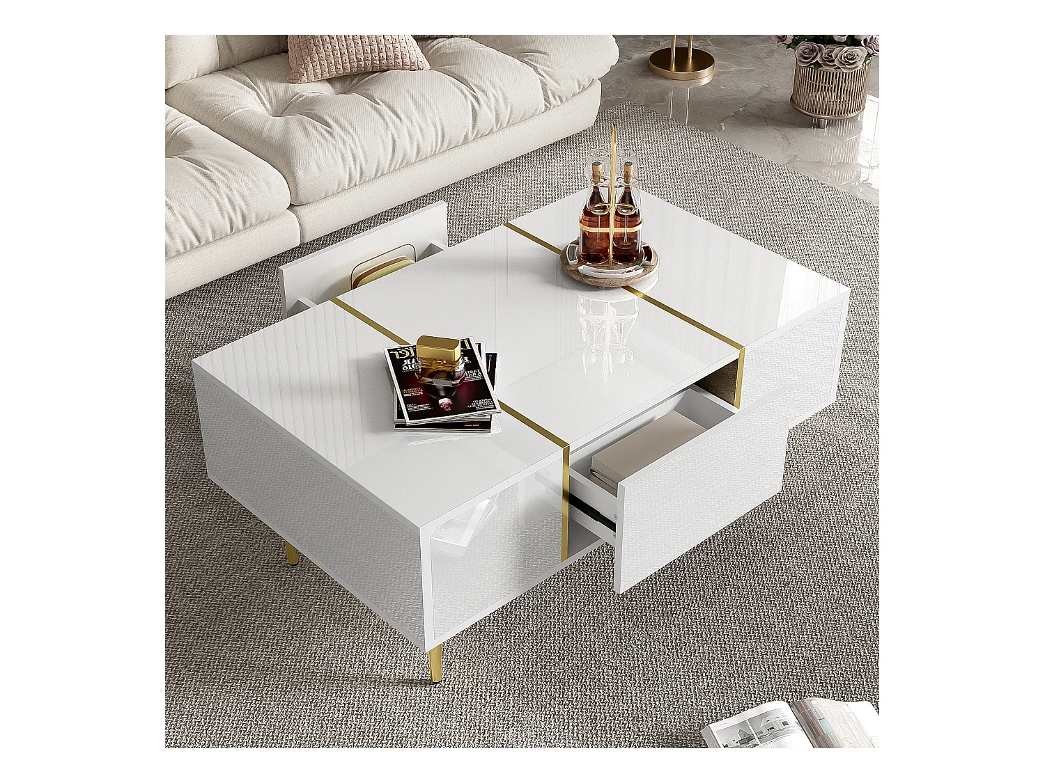 Table basse blanche brillante, design moderne avec 2 tiroirs, MDF laqué et métal doré (100x60x41.5 cm)