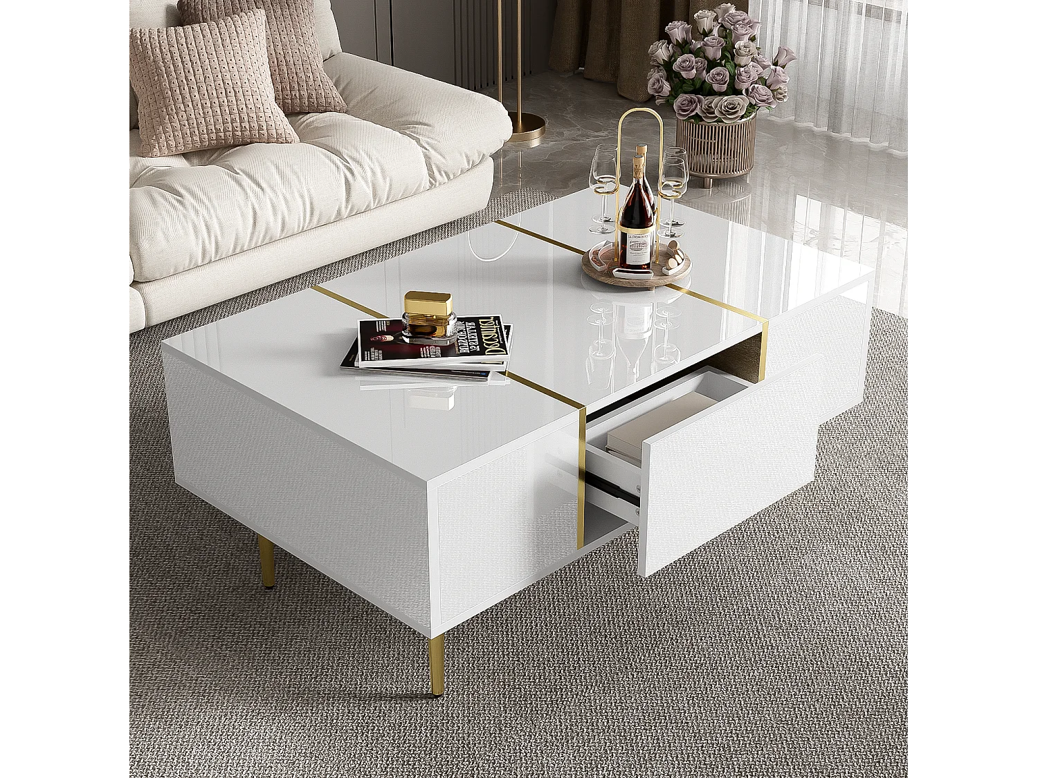 Tavolino da caffè bianco lucido, design moderno con 2 cassetti, MDF laccato e metallo dorato (100x60x41,5 cm)