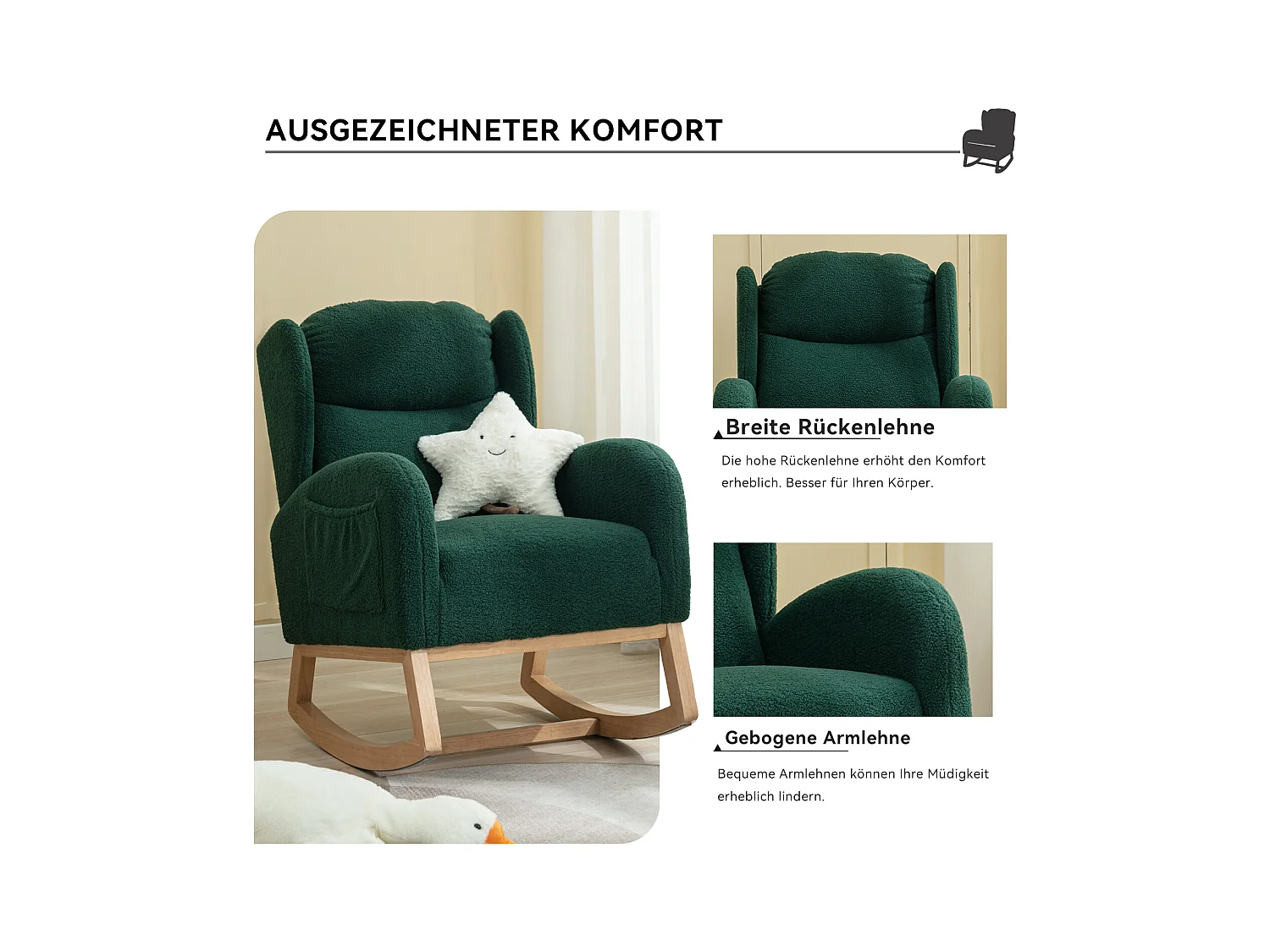 Moderne schommelstoel in pluche stof, met vleugelrug, met armleuningen, gestoffeerd, donkergrijs (96,5 x 71 x 101 cm)