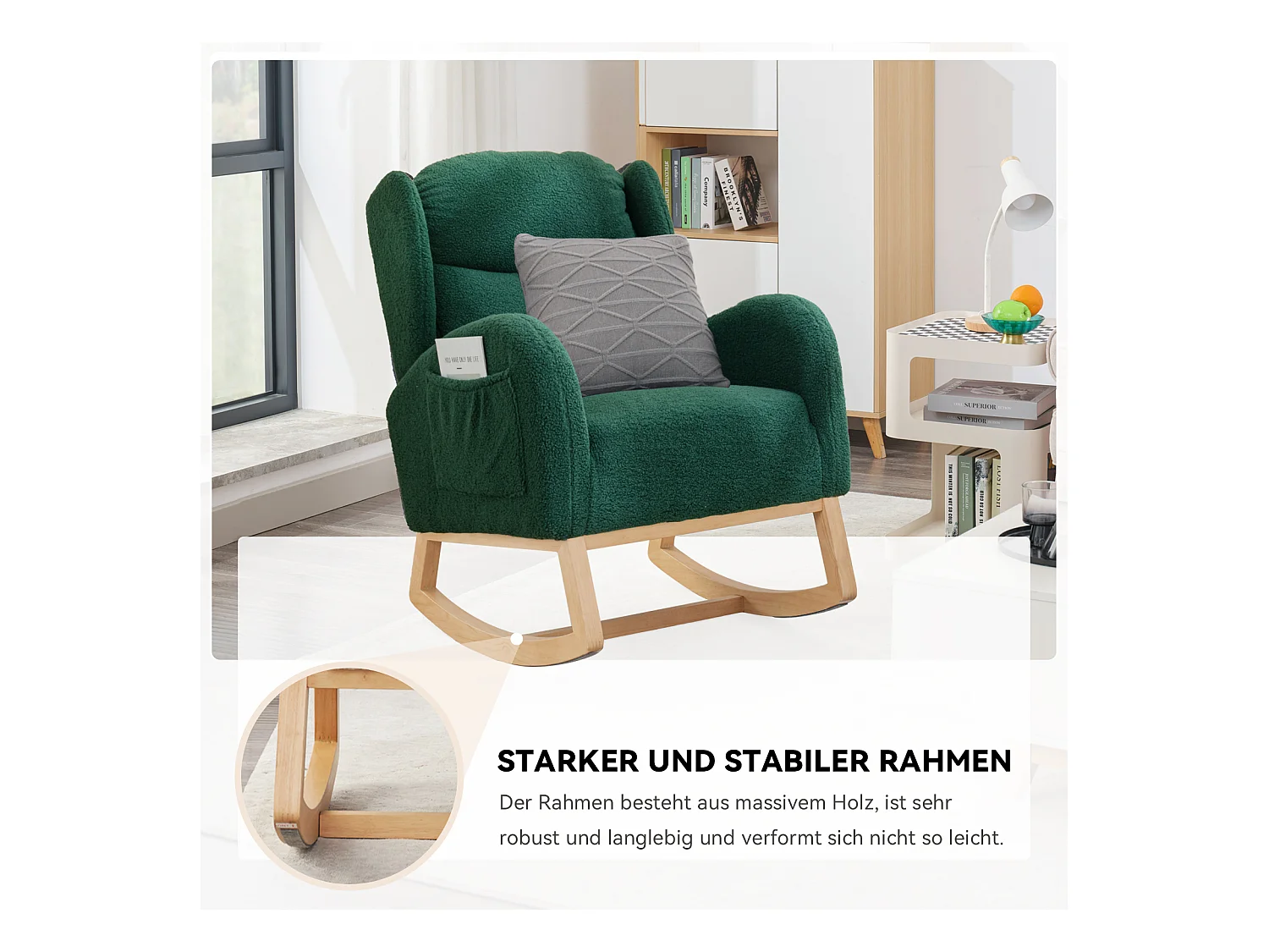 Moderne schommelstoel in pluche stof, met vleugelrug, met armleuningen, gestoffeerd, donkergrijs (96,5 x 71 x 101 cm)