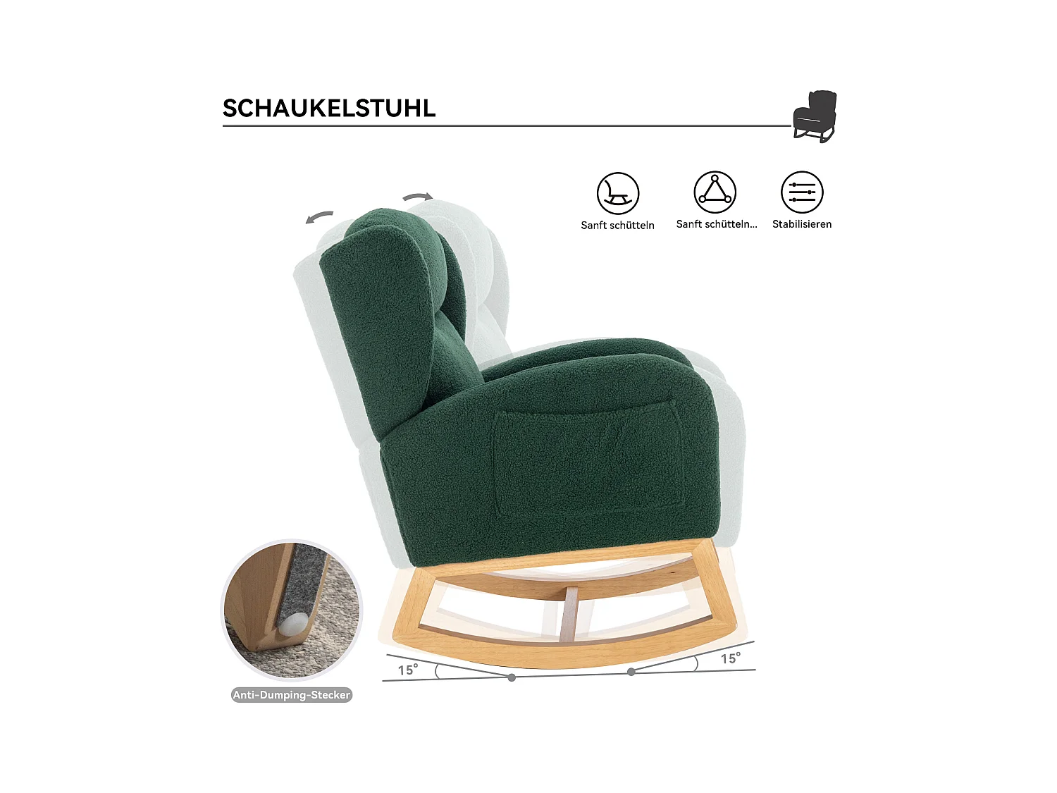 Moderne schommelstoel in pluche stof, met vleugelrug, met armleuningen, gestoffeerd, donkergrijs (96,5 x 71 x 101 cm)