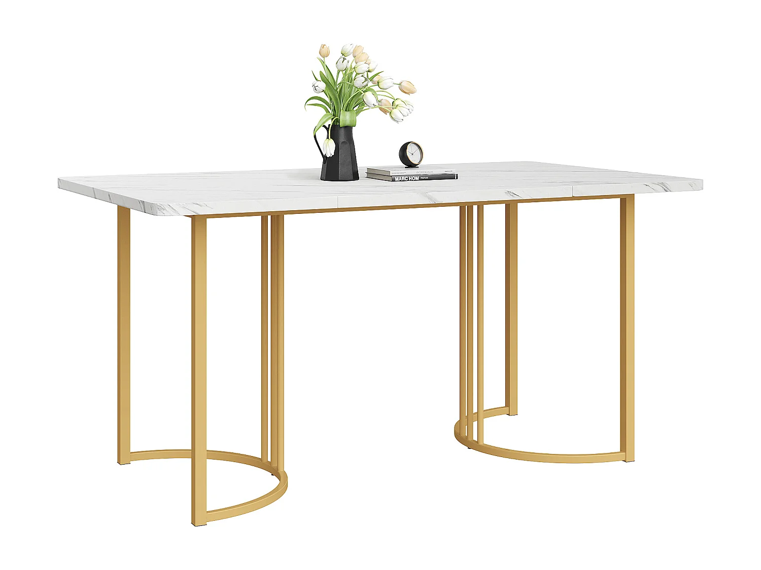 Moderne eettafel 140×80 cm, met gouden metalen poten, wit MDF-design, marmeren blad (140×80×75 cm)