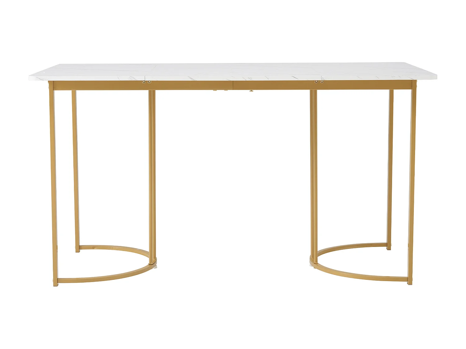 Moderne eettafel 140×80 cm, met gouden metalen poten, wit MDF-design, marmeren blad (140×80×75 cm)