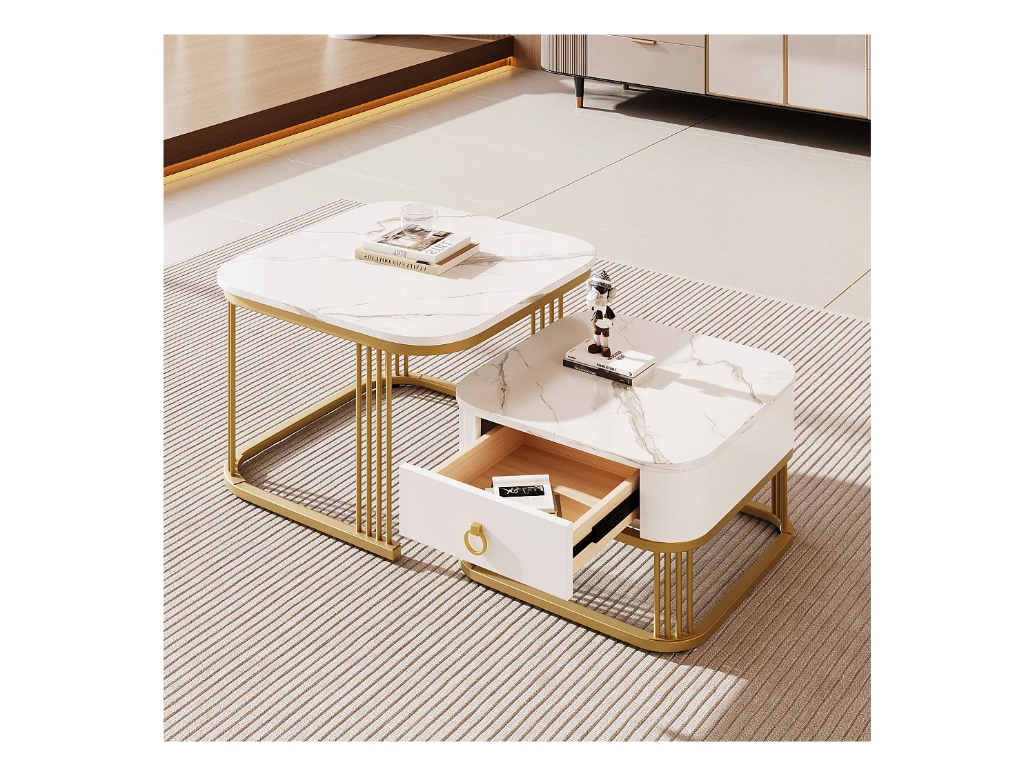 Table basse empilable 2 pièces, design moderne, haute brillance, accents dorés, avec plateau en marbre et tiroirs (60x60x45 + 50x50x34 cm)