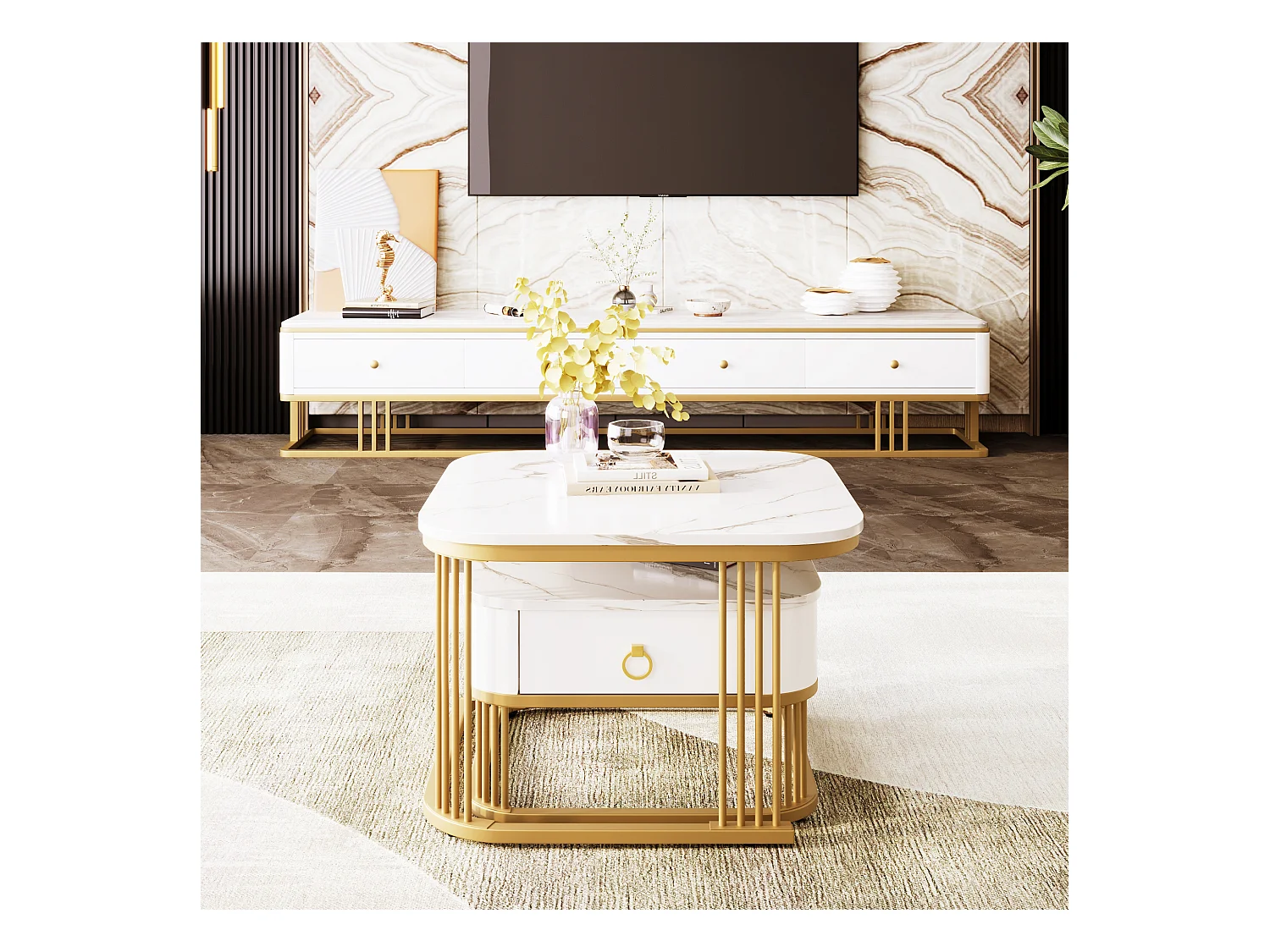 Table basse empilable 2 pièces, design moderne, haute brillance, accents dorés, avec plateau en marbre et tiroirs (60x60x45 + 50x50x34 cm)