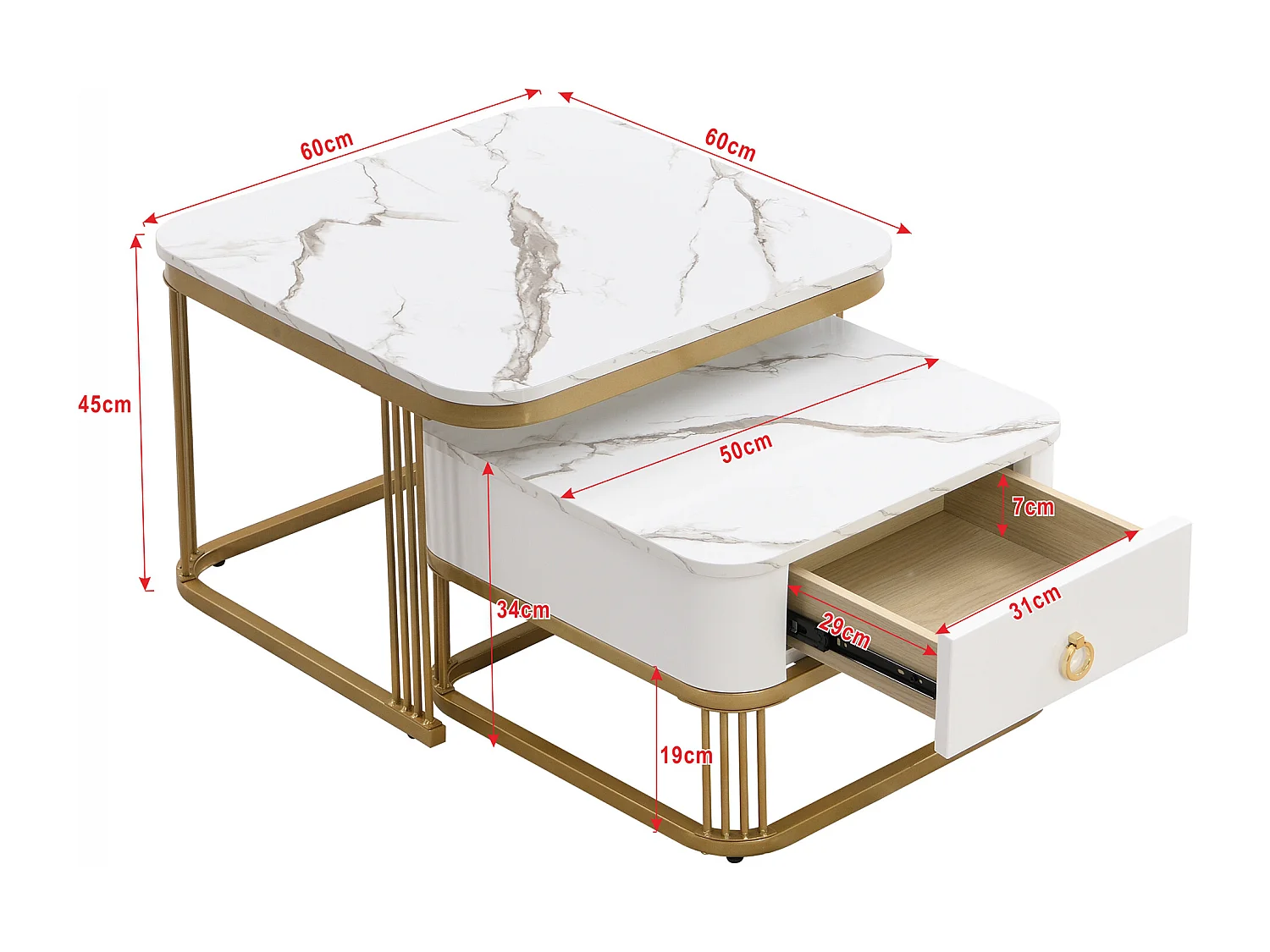 Table basse empilable 2 pièces, design moderne, haute brillance, accents dorés, avec plateau en marbre et tiroirs (60x60x45 + 50x50x34 cm)