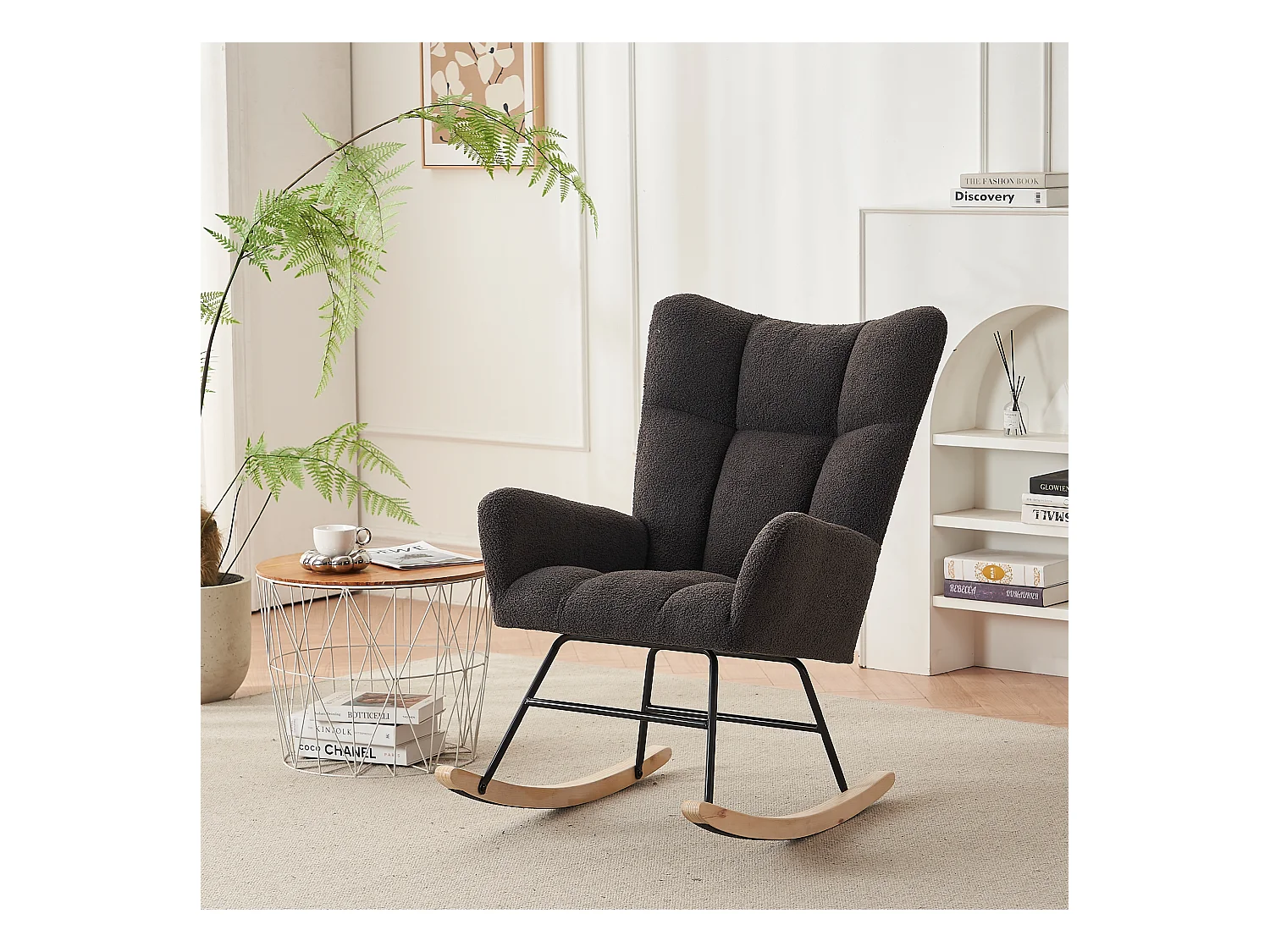 Chaise à bascule moderne, dossier haut, accoudoirs, fauteuil confortable, velours, gris (95x53.5x91 cm)