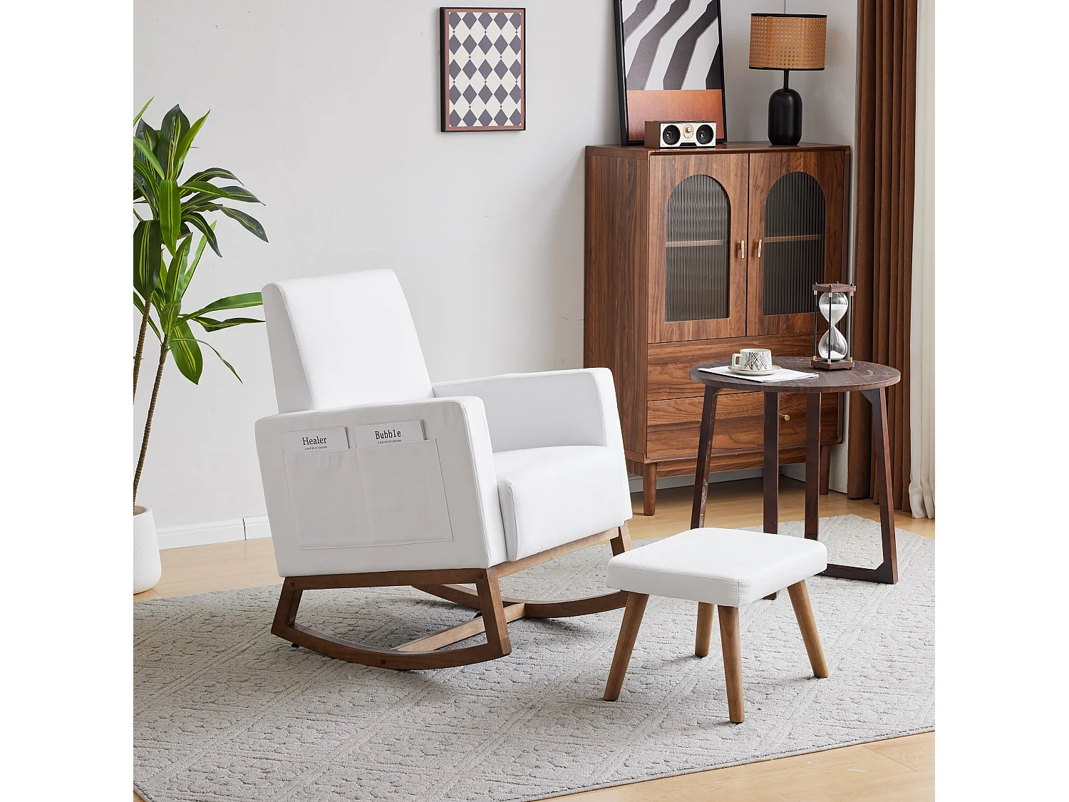 Rocking Chair Lounge with Footrest, Front and Rear Rocking Design, Storage Pocket, White Velvet, Wood Legs (66.5x84x92.5 cm)