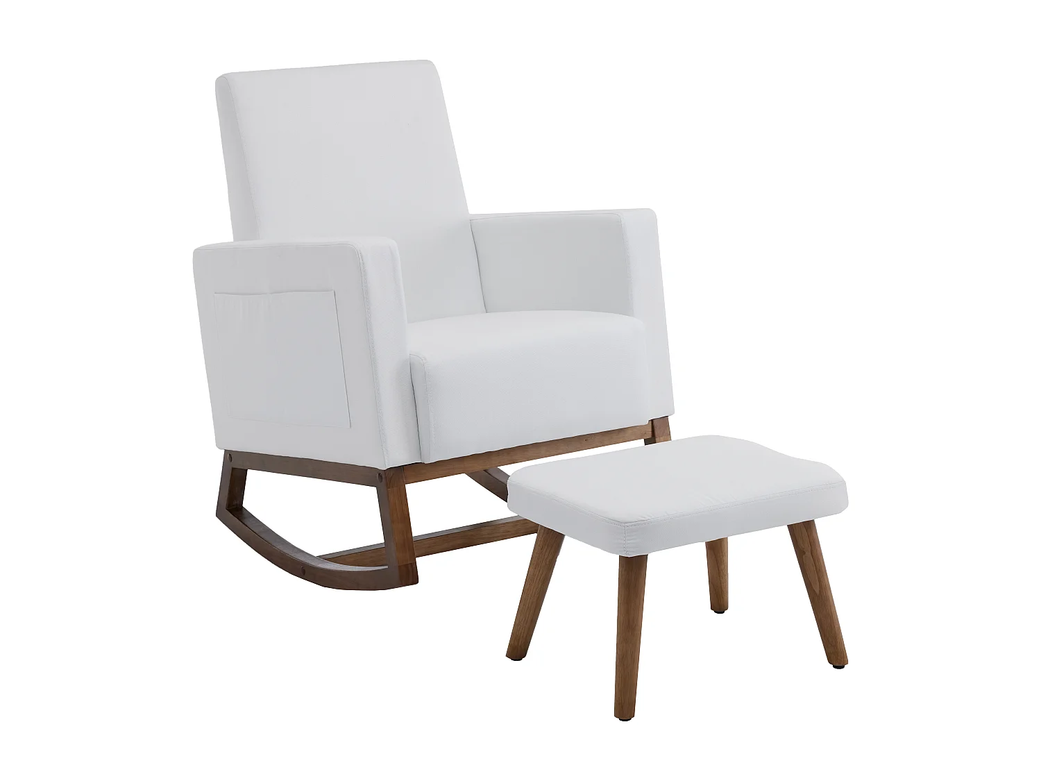 Rocking Chair Lounge with Footrest, Front and Rear Rocking Design, Storage Pocket, White Velvet, Wood Legs (66.5x84x92.5 cm)