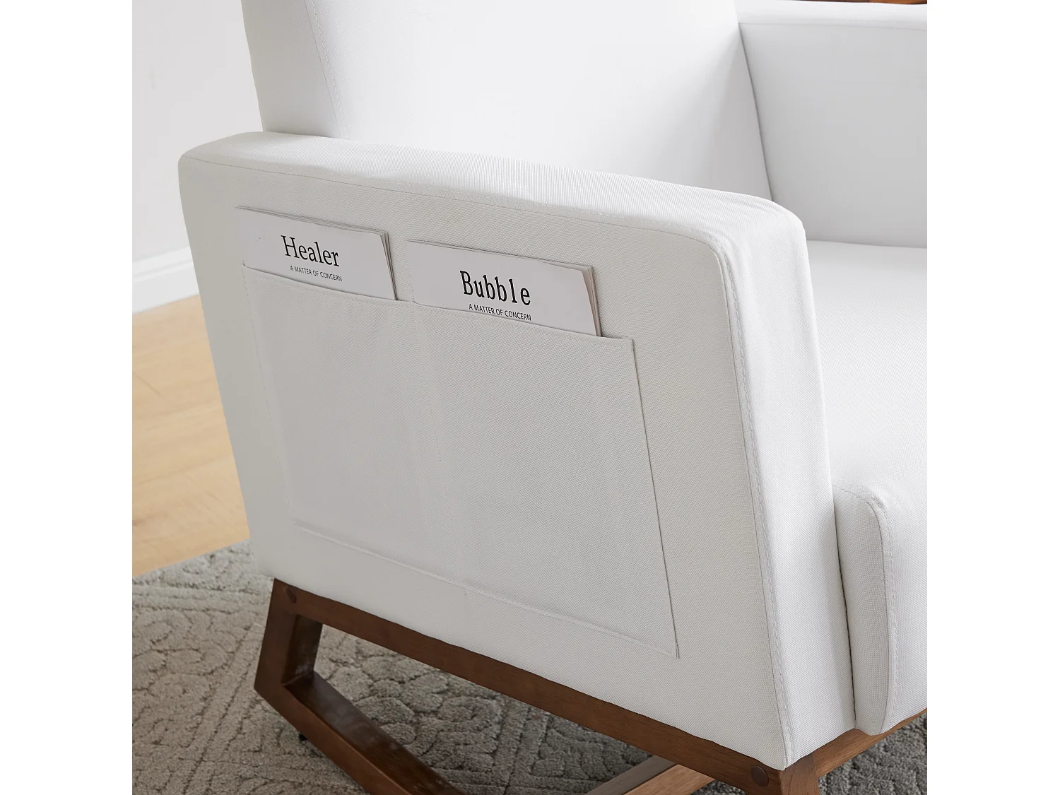 Rocking Chair Lounge with Footrest, Front and Rear Rocking Design, Storage Pocket, White Velvet, Wood Legs (66.5x84x92.5 cm)