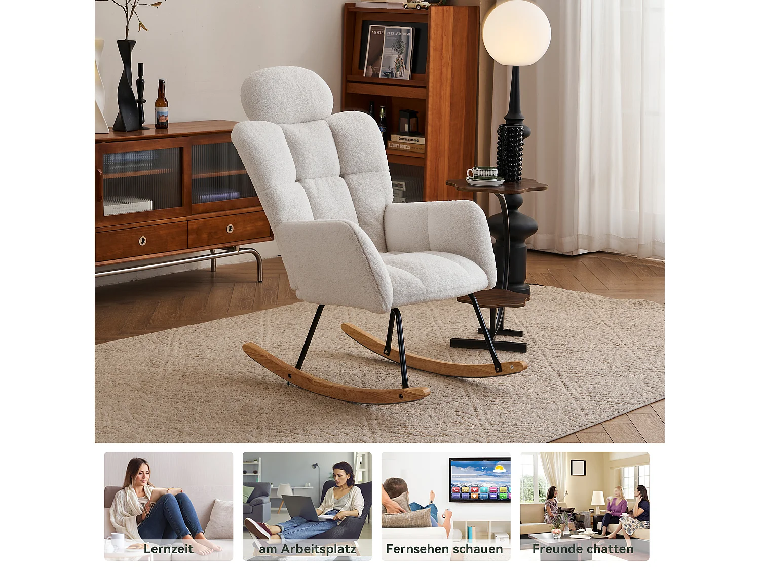 Poltrona a dondolo in tessuto felpato, schienale trapuntato, con poggiatesta, tessuto morbido, per soggiorno e camera da letto, bianco (102x70x107 cm)