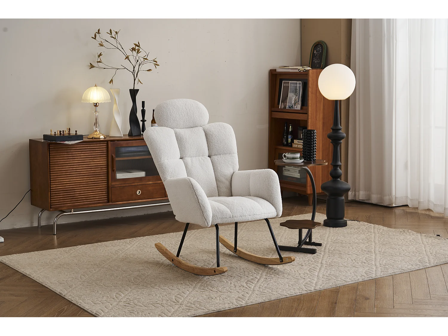 Poltrona a dondolo in tessuto felpato, schienale trapuntato, con poggiatesta, tessuto morbido, per soggiorno e camera da letto, bianco (102x70x107 cm)