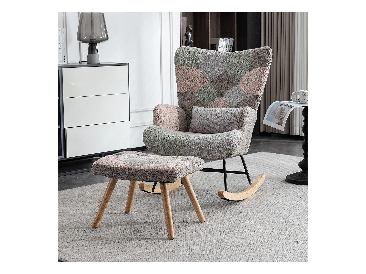 Fauteuil à bascule coloré avec repose-pieds, cadre en bois, tissu doux, blanc (93x65x100 cm)