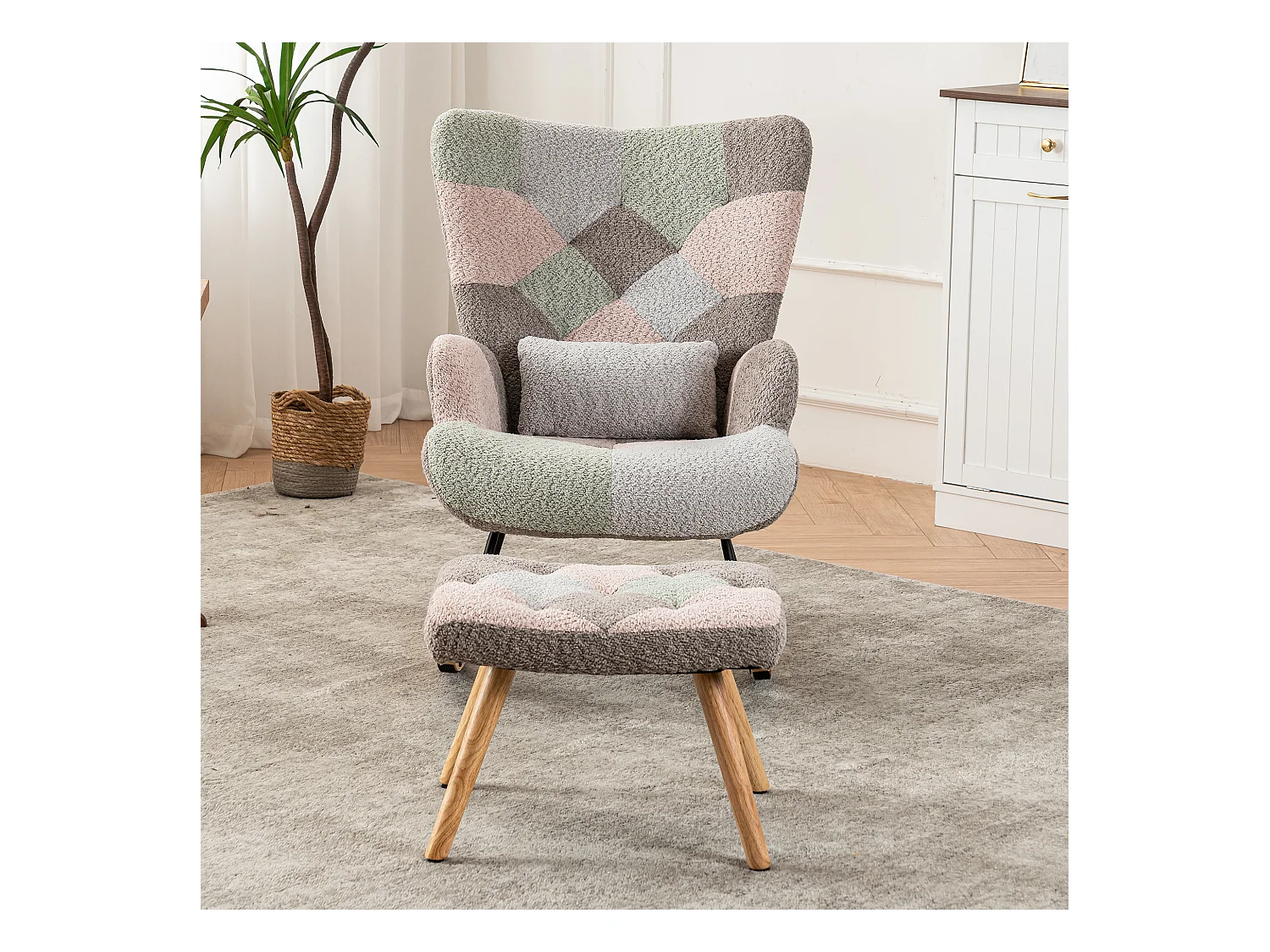 Fauteuil à bascule coloré avec repose-pieds, cadre en bois, tissu doux, blanc (93x65x100 cm)