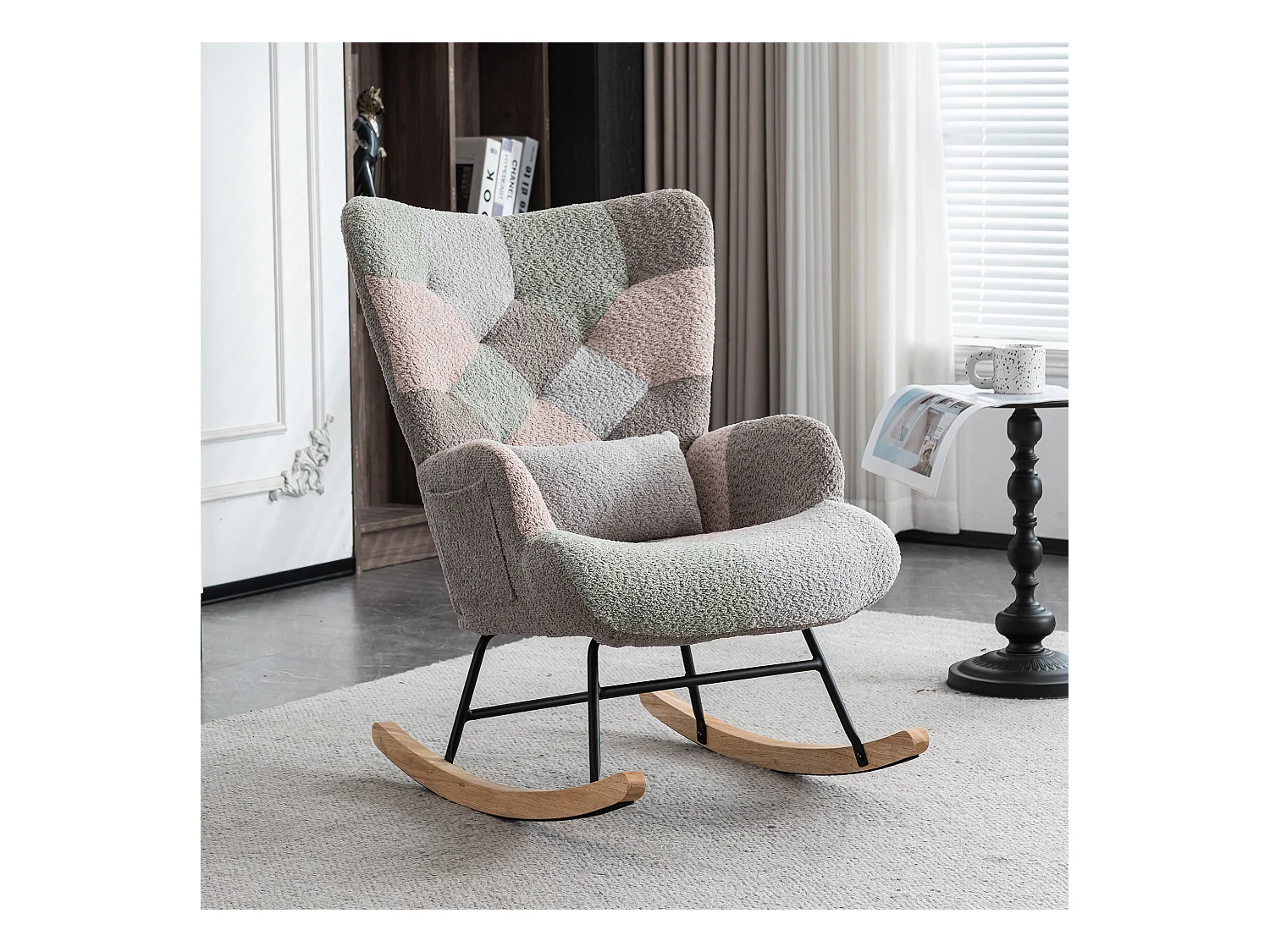 Fauteuil à bascule coloré avec repose-pieds, cadre en bois, tissu doux, blanc (93x65x100 cm)