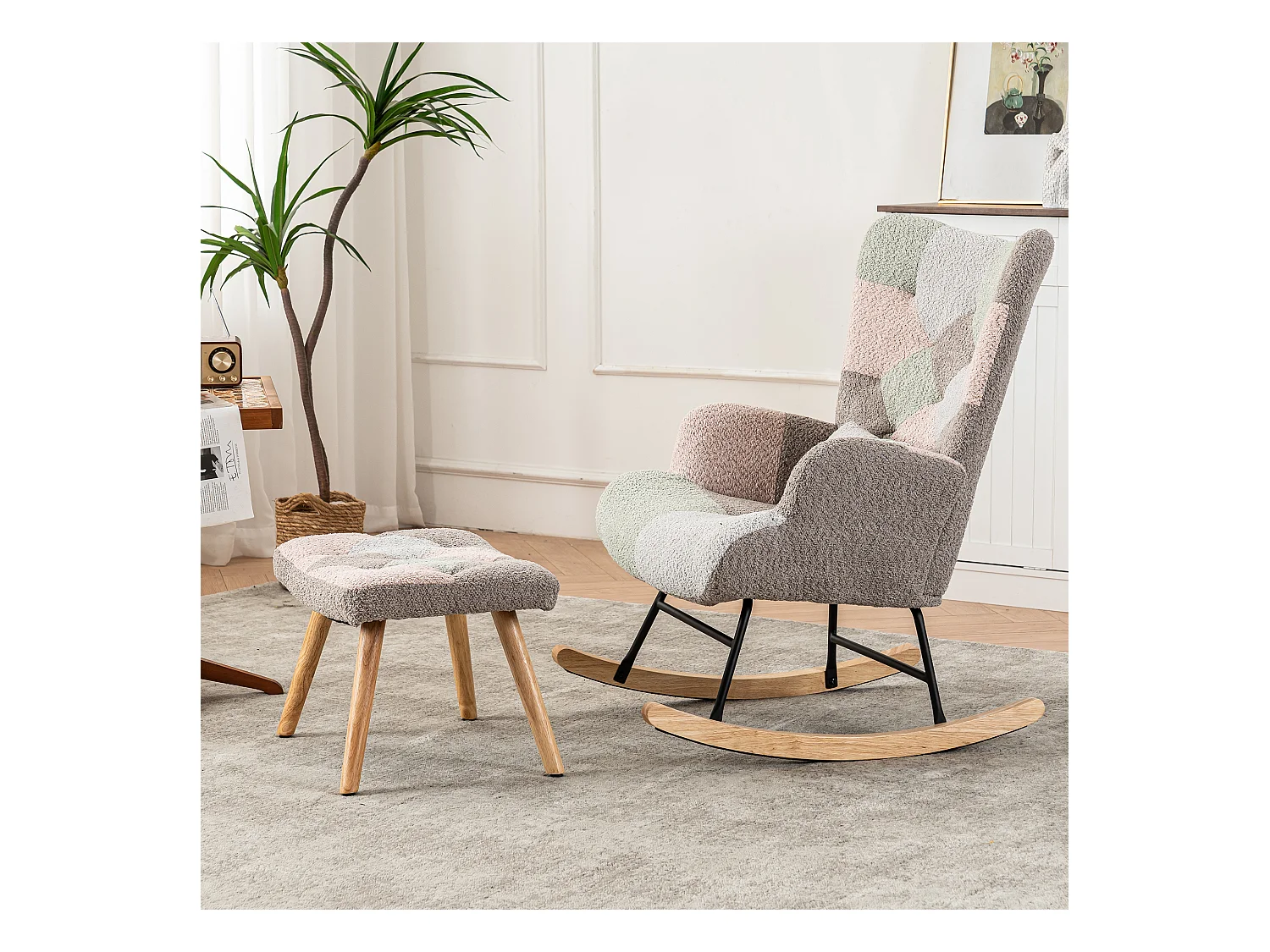 Fauteuil à bascule coloré avec repose-pieds, cadre en bois, tissu doux, blanc (93x65x100 cm)