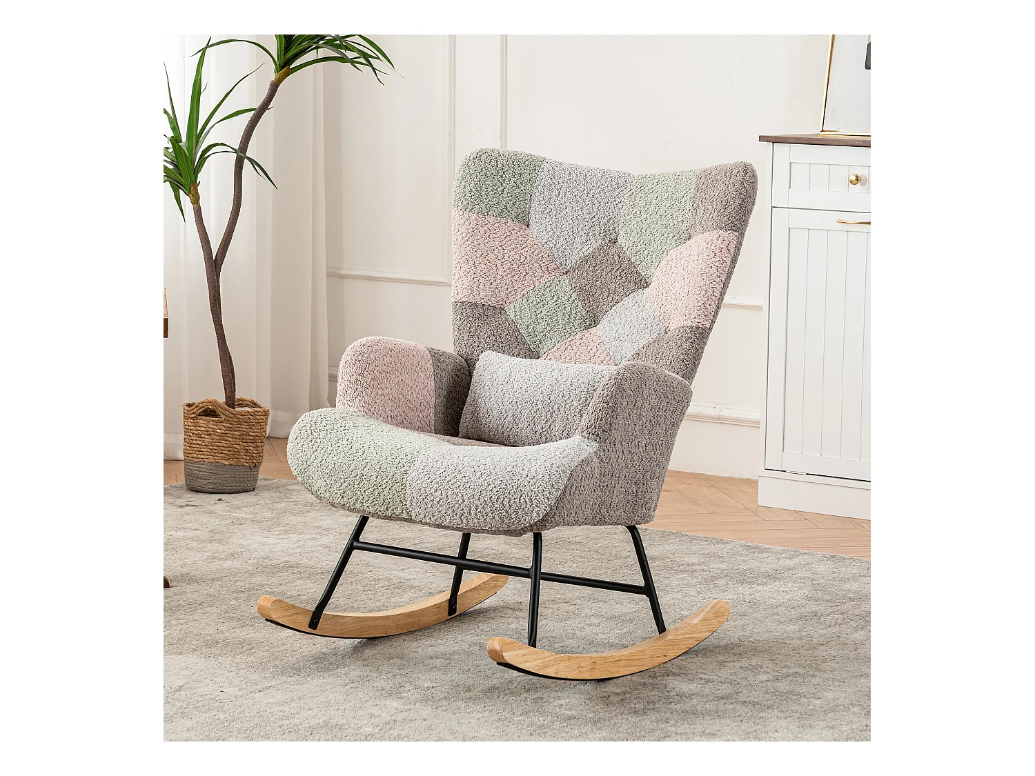 Fauteuil à bascule coloré avec repose-pieds, cadre en bois, tissu doux, blanc (93x65x100 cm)