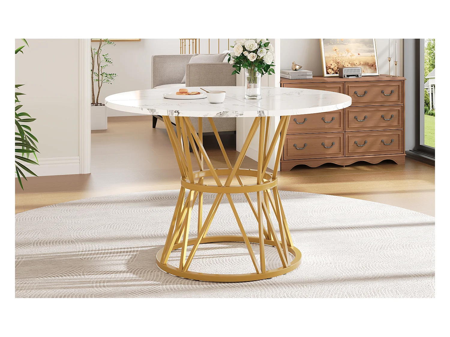 Mesa redonda de lujo, tablero de MDF marmolado, patas de metal dorado, para comedor y salón (100x100x76cm)