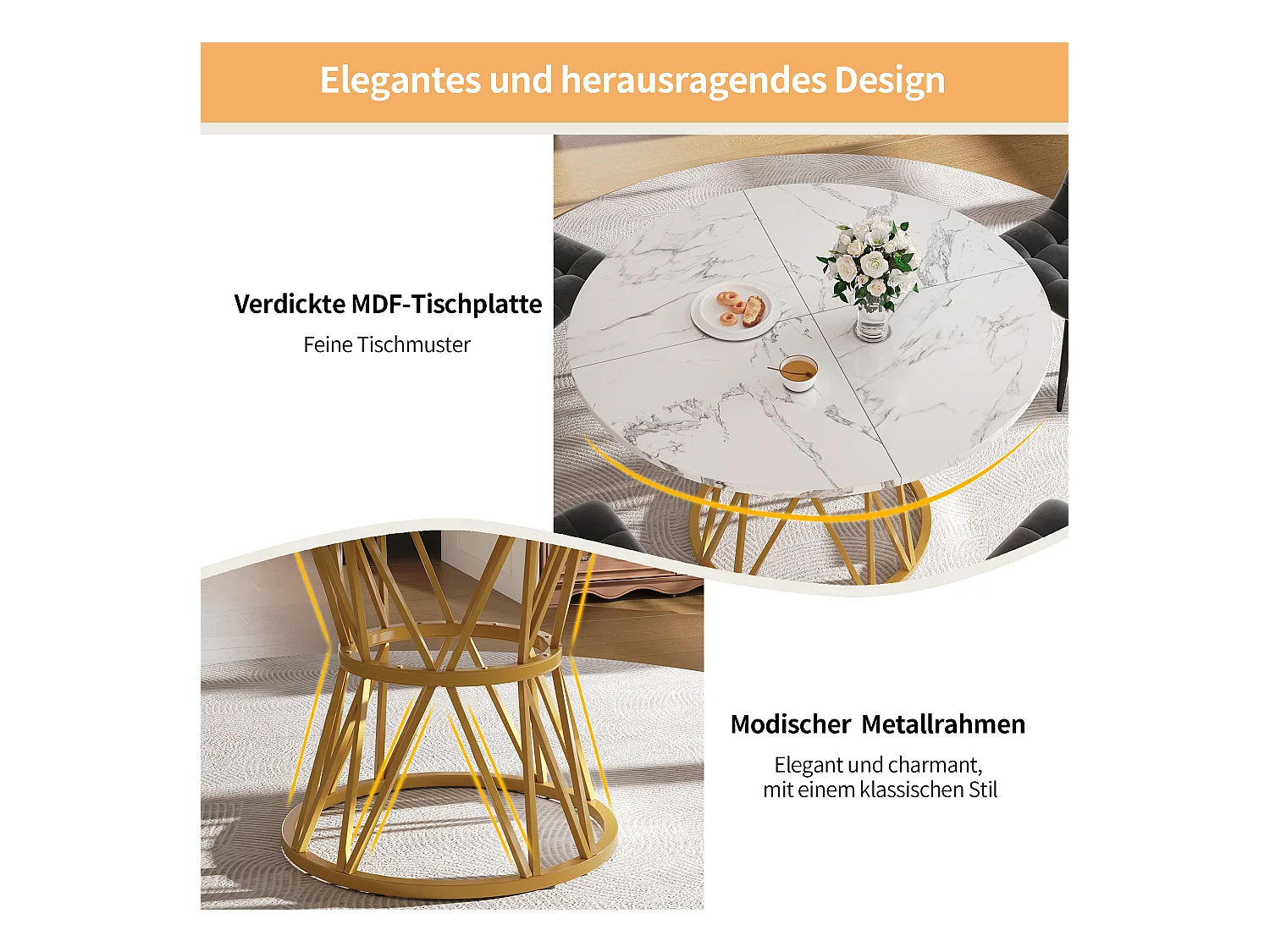 Mesa redonda de lujo, tablero de MDF marmolado, patas de metal dorado, para comedor y salón (100x100x76cm)