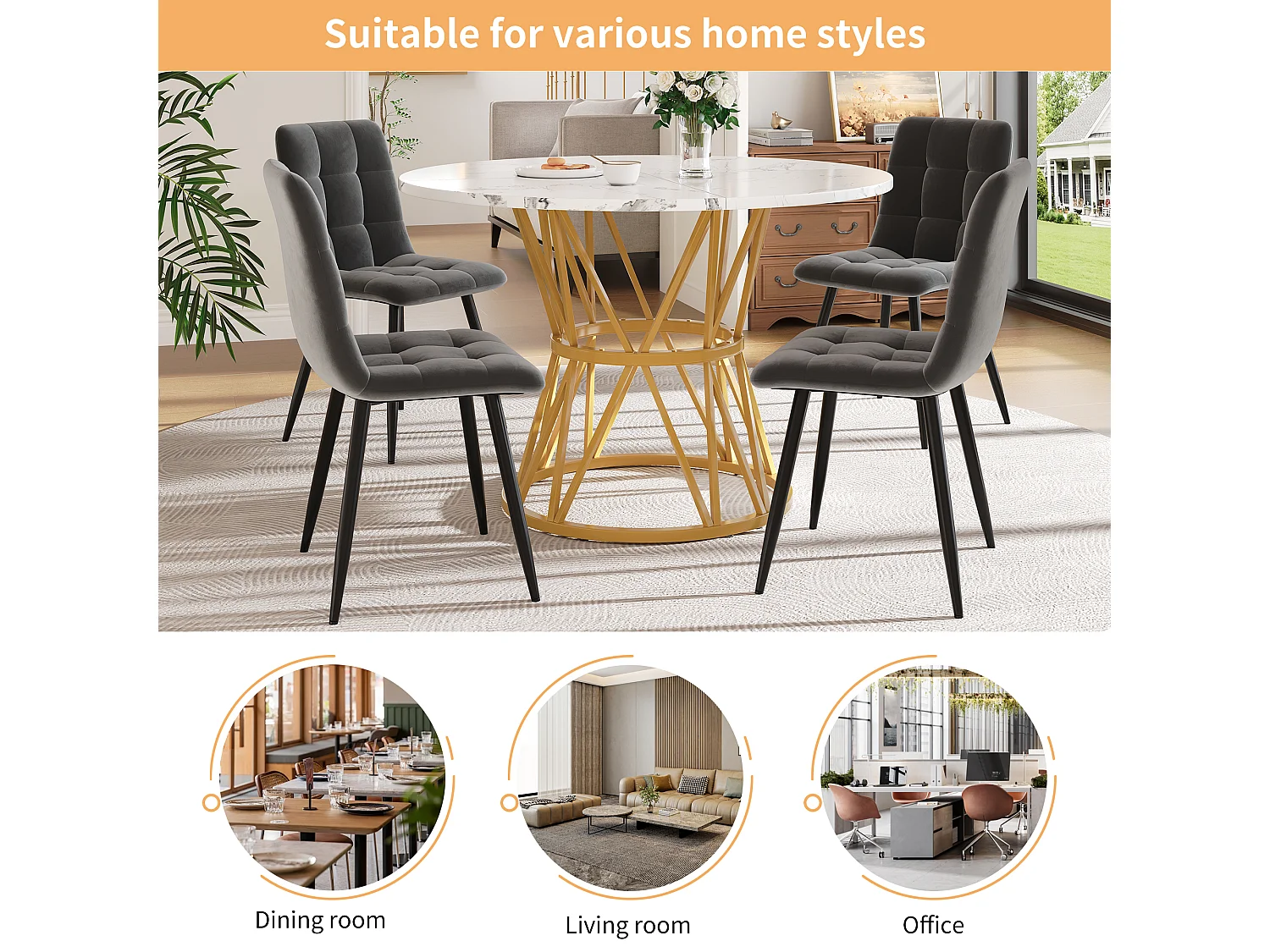 Table ronde luxe, plateau MDF marbré, pieds métal doré, pour salle à manger et salon (100x100x76cm)