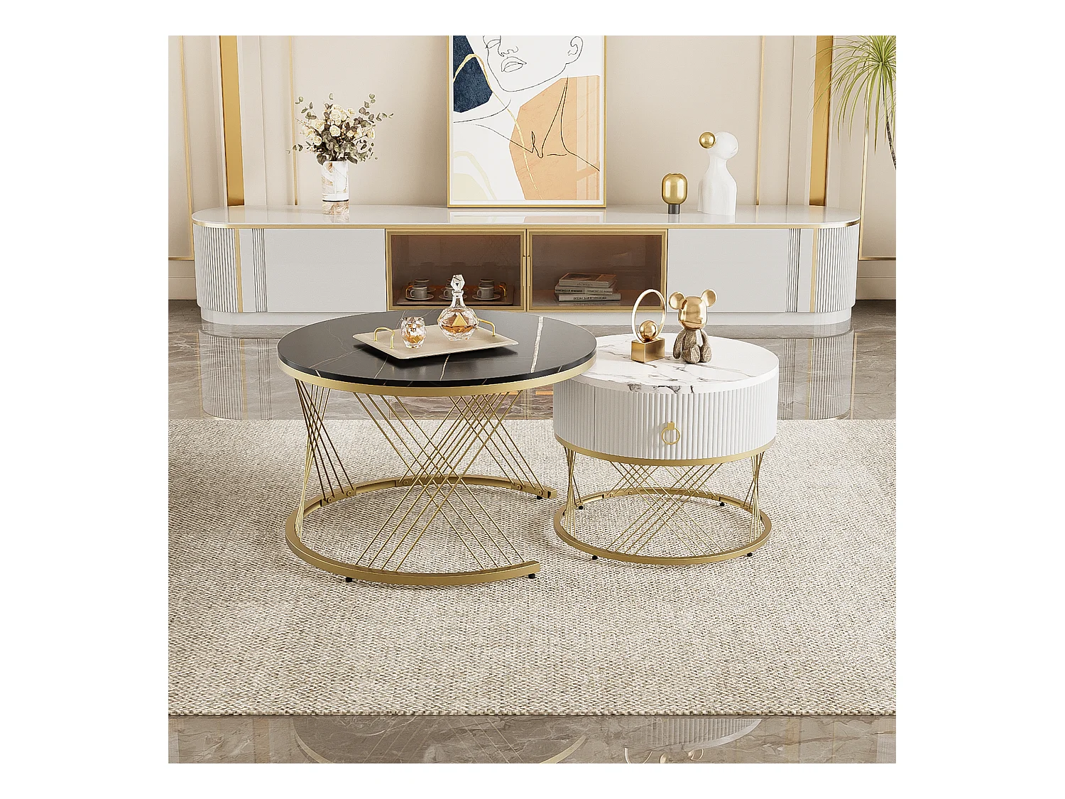 Table basse empilable 2 pièces, design moderne, plateau en marbre, accents dorés, avec tiroirs de rangement (70x70x45 + 50x50x40 cm)