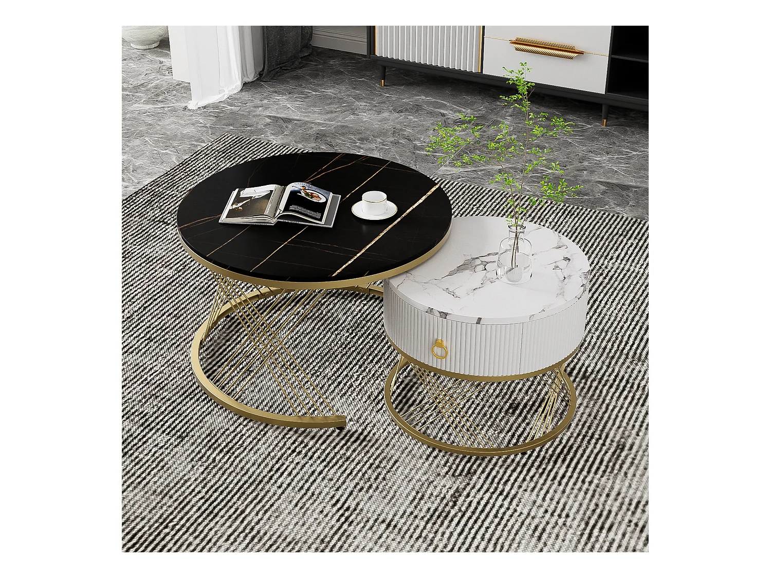 Table basse empilable 2 pièces, design moderne, plateau en marbre, accents dorés, avec tiroirs de rangement (70x70x45 + 50x50x40 cm)