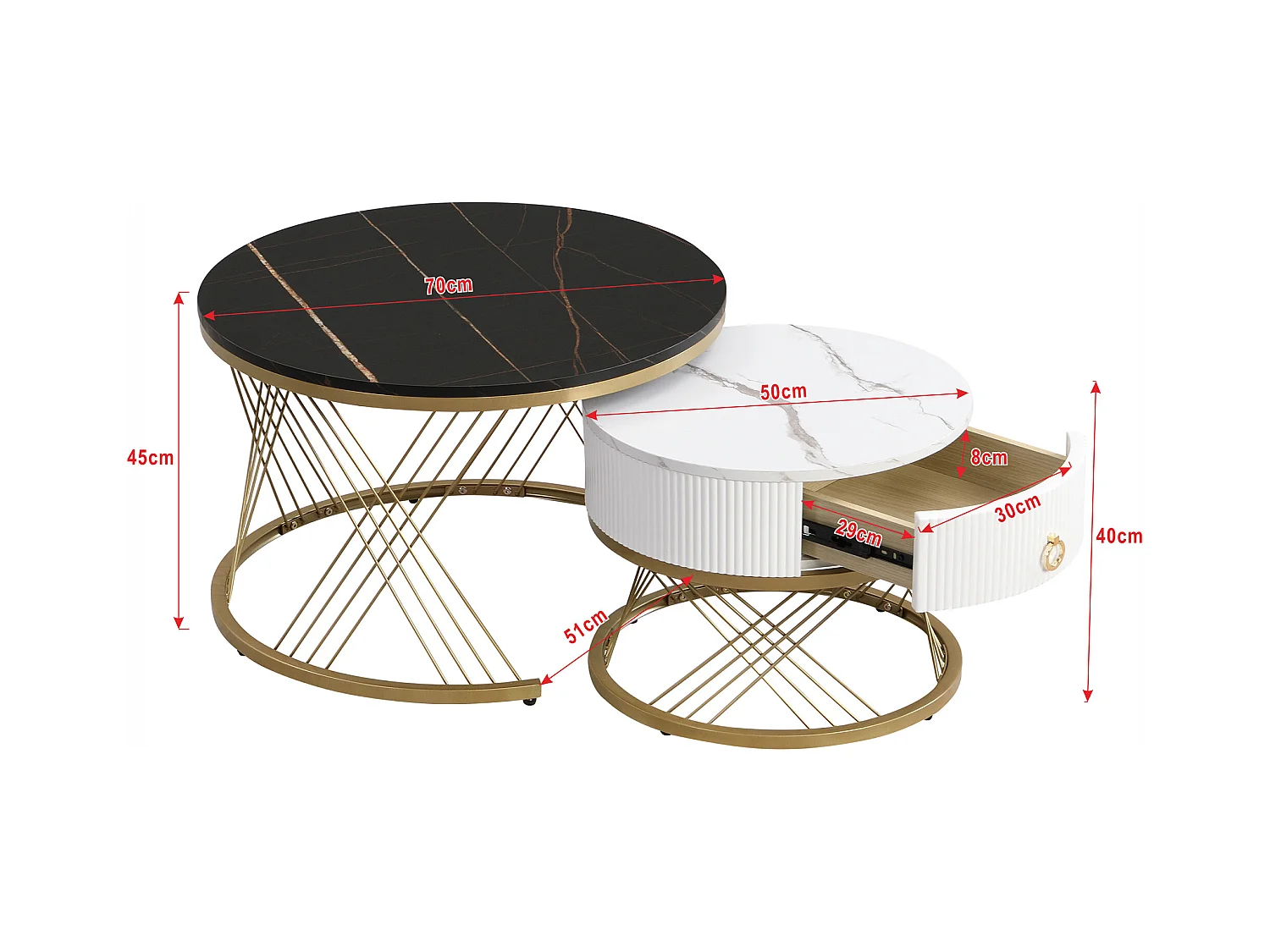 Table basse empilable 2 pièces, design moderne, plateau en marbre, accents dorés, avec tiroirs de rangement (70x70x45 + 50x50x40 cm)