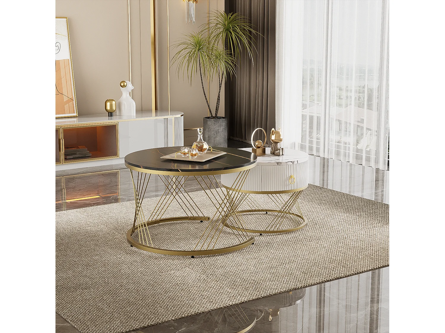 Mesa de centro apilable de 2 piezas, diseño moderno, superficie de mármol, detalles dorados, con cajones (70 x 70 x 45 + 50 x 50 x 40 cm)