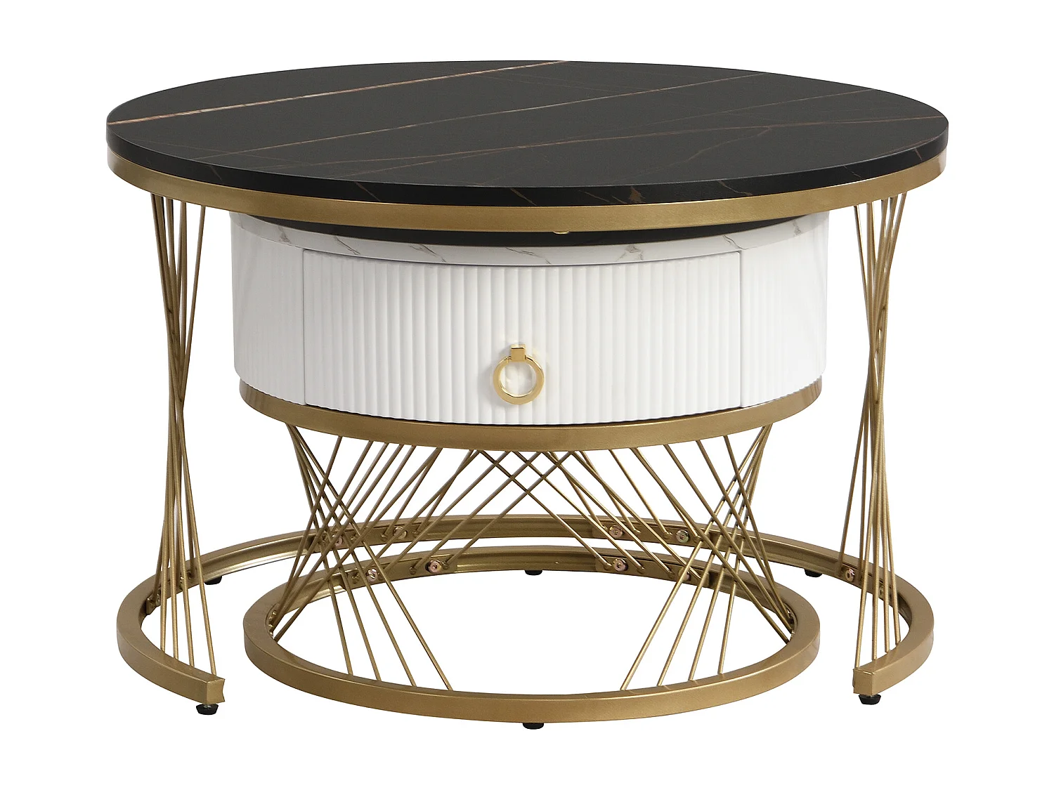 Mesa de centro apilable de 2 piezas, diseño moderno, superficie de mármol, detalles dorados, con cajones (70 x 70 x 45 + 50 x 50 x 40 cm)