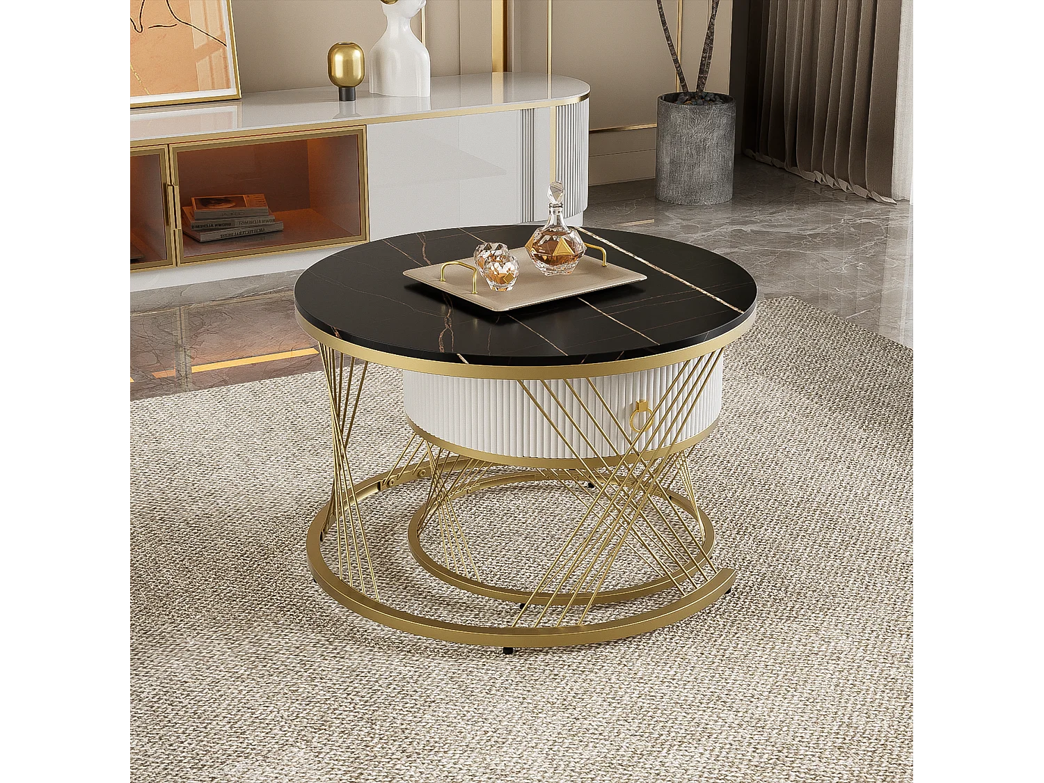 Table basse empilable 2 pièces, design moderne, plateau en marbre, accents dorés, avec tiroirs de rangement (70x70x45 + 50x50x40 cm)